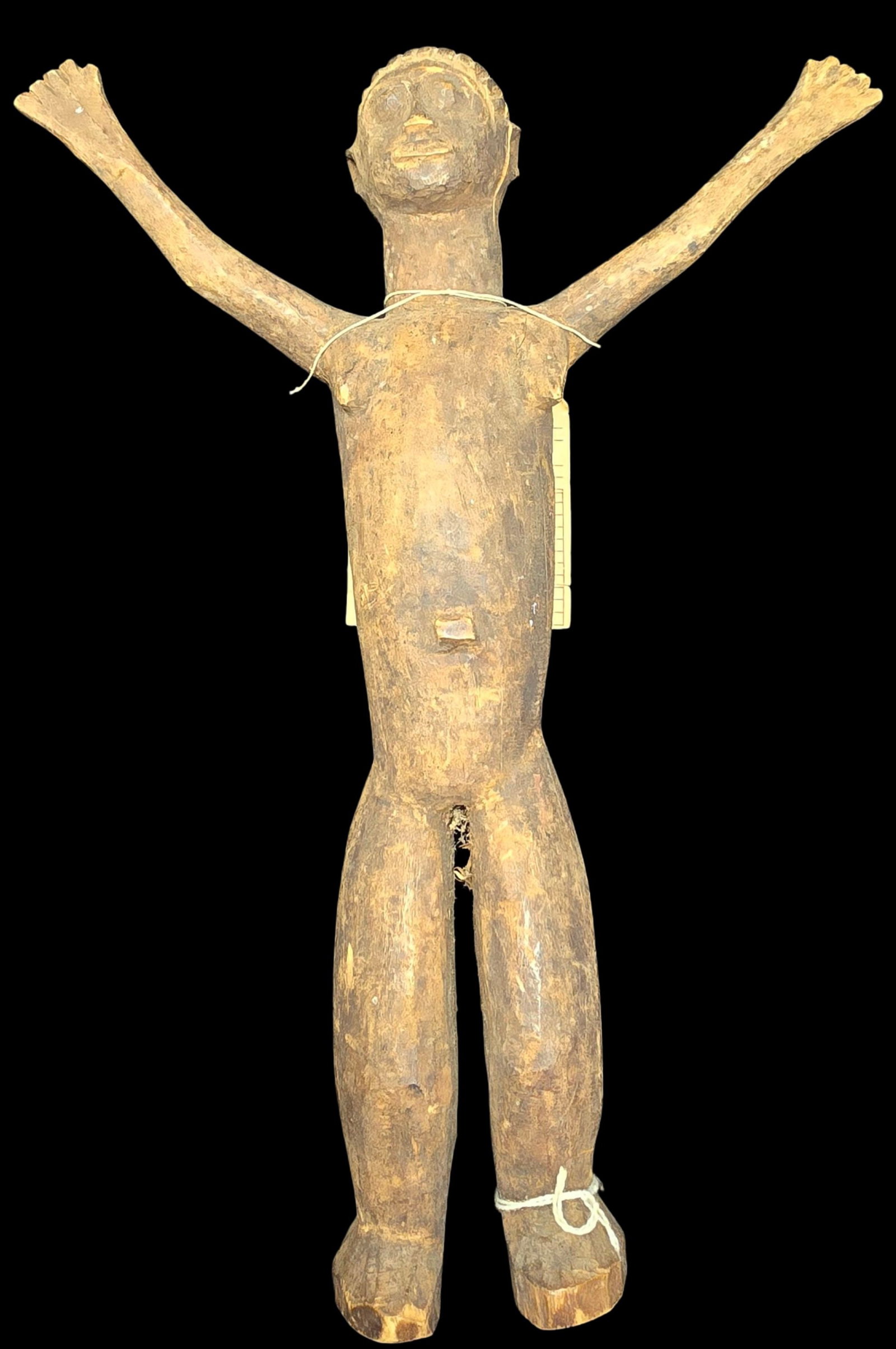 Amazing Antique LOBI West Africa Wood Figurine of a Standing Man: Very good antique condition with minor wear according to age. Measures approx. 14 1/2" high x 12" wide; with old tag.