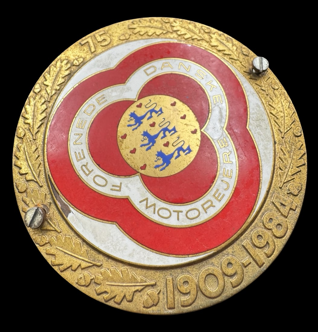 Vintage Danish Gold Tone Metal & Enamel Car Plaque: Very good vintage condition with minor patina according to age. Measures approx. 3 1/2" in diameter.