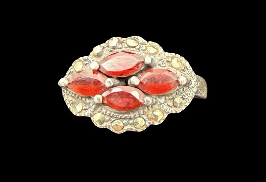 Beautiful Ornate Vintage Sterling Silver & Macarsite & Four Red Gemstones Ring: Very good vintage condition with minor patina according to age. Measures approx. 1/2" long and 1/4" wide and weighs ca. 4.9 grams. The ring size is 7 3/4. Marked for Sterling Silver