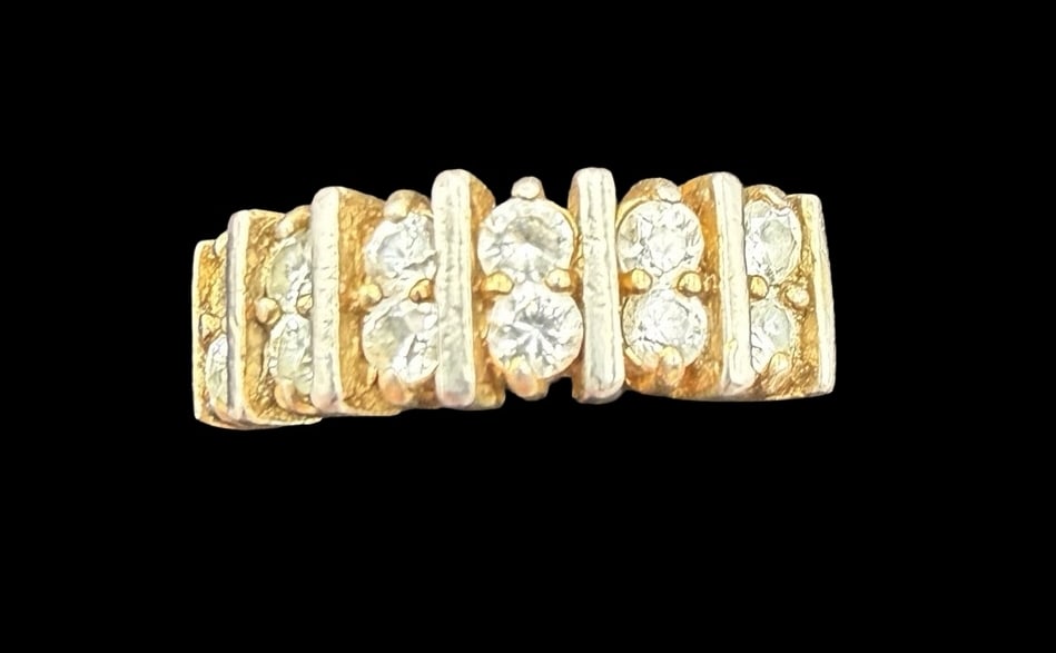 Beautiful Ornate Vintage Sterling Silver & Clear Rhinestones Ring: Very good vintage condition with minor patina according to age. Weighs ca. 4.4 grams. The ring size is 6 . Marked for Sterling Silver.