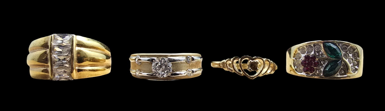 Gorgeous Set of 4 Vintage Gold Filled & Clear Gemstone Rings: Very good vintage condition with minor patina according to age. Weighs ca. 15.5 grams. The rings' sizes are 8,7,7 & 6. Marked for Gold Filled