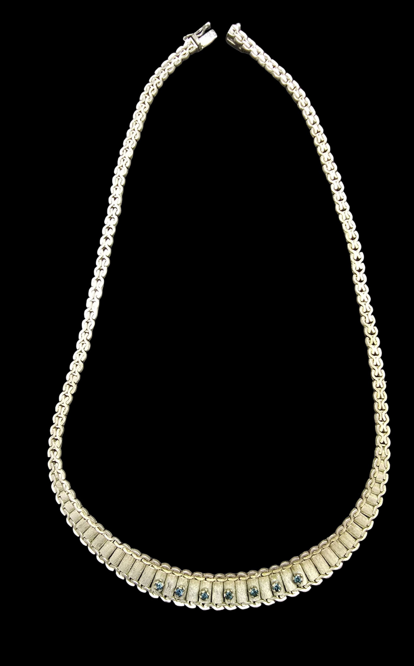 Very Unusual Vintage Mid-Century Sterling Silver & Blue Gemstone Necklace: Very good vintage condition with minor patina according to age. Measures approx. 17" long and 1/2" wide and weighs ca. 28.5 grams. Marked for Sterling Silver..