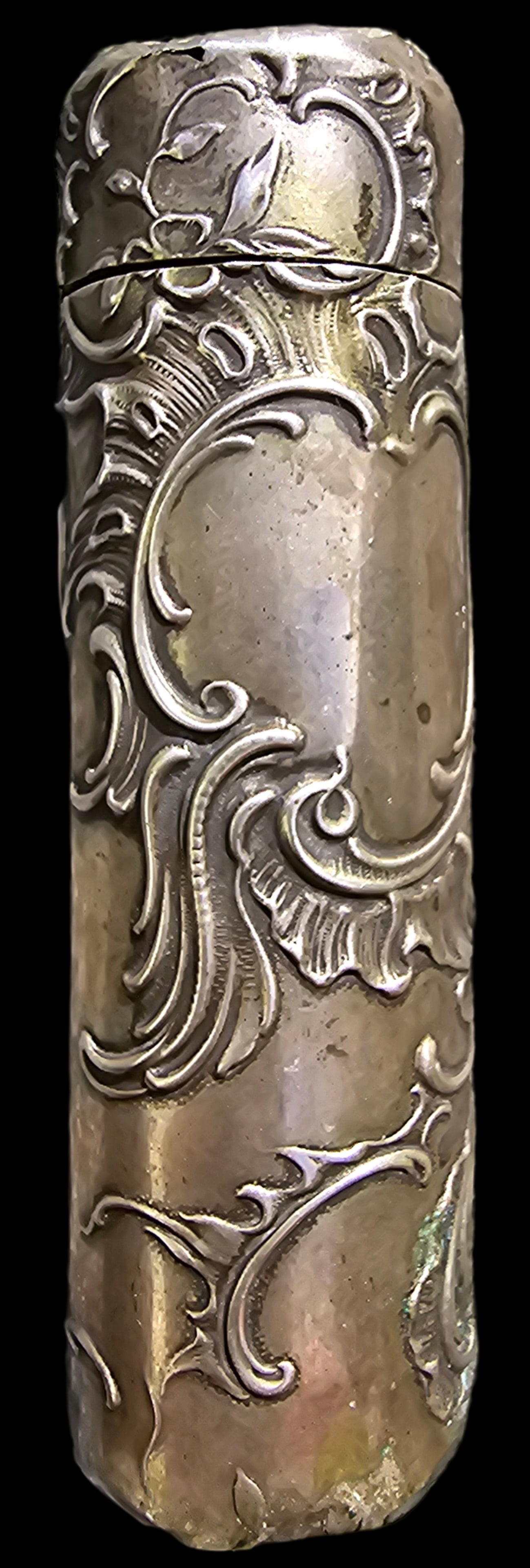 Ornate Antique ca. 1900 European Silver Vessel & Glass Insert: Beautifully handmade piece featuring a glass insert. Measures approx. 3 2/8" long x 1/2" in diameter.