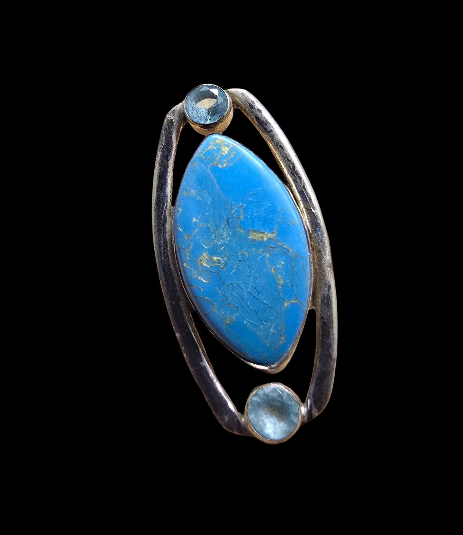 Unusual Vintage Sterling Silver & Blue/Clear Gemstone Cocktail Ring: Very good vintage condition with minor patina according to age. Measures approx. 1 1/2" long and weighs ca. 8.5 grams. The ring is a size 9. Marked for Sterling Silver..