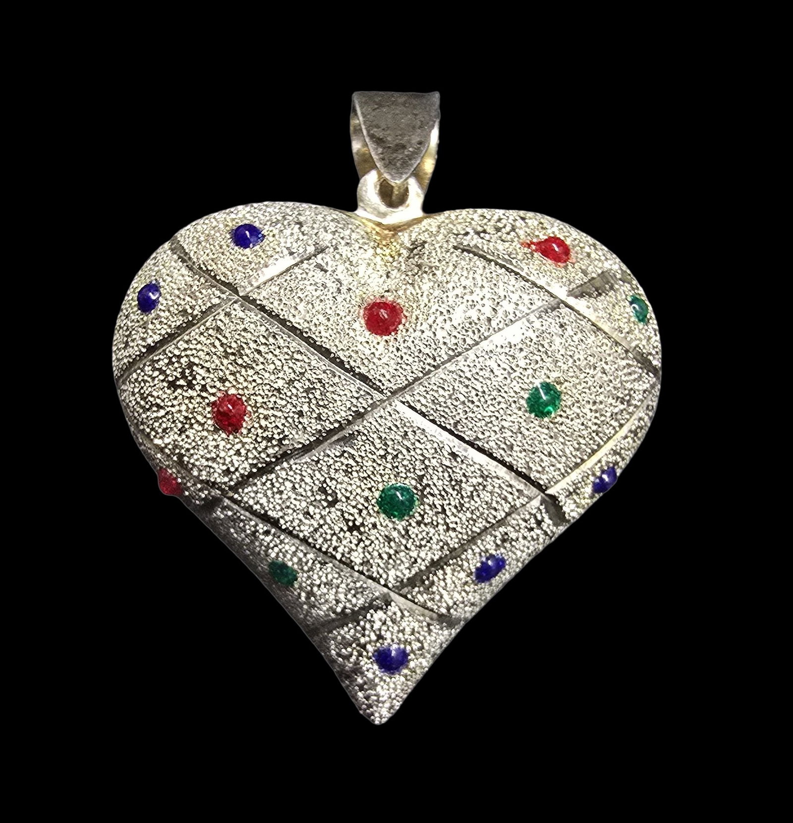 Gorgeous Vintage Sterling Silver & Multi-Color Gemstones Heart Pendant: Very good vintage condition with minor patina according to age. Measures approx. 1 1/2" long and 1" wide. Marked for Sterling Silver.