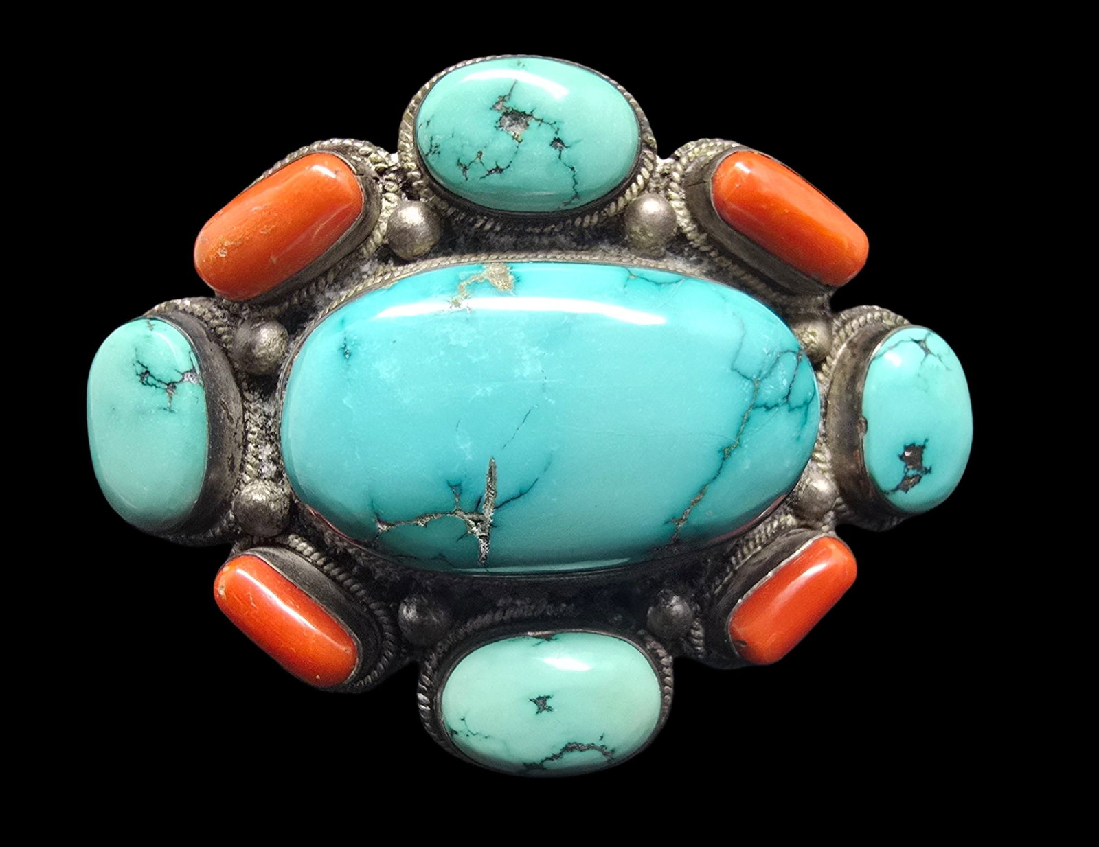 Amazing & Massive Vintage Tibetan Sterling Silver, Turquoise & Coral Belt Buckle: Very good antique condition with minor patina according to age. Measures approx. 2 1/2" long and 3 1/2" wide and weighs ca. 160 grams. Tested for Sterling Silver.