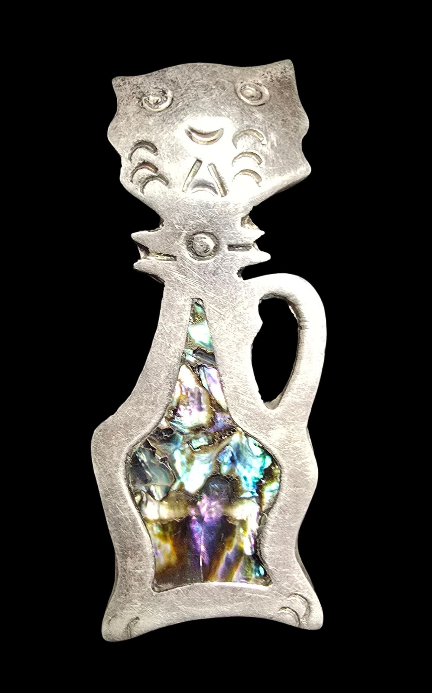 Gorgeous Vintage Taxco Mexico Sterling Silver & Abalone Shell Inlay Cat Brooch Pin: Very good vintage condition with minor patina according to age. Measures approx. 3" high and weighs ca. 10 grams. Marked for Sterling Silver & Mexico.
