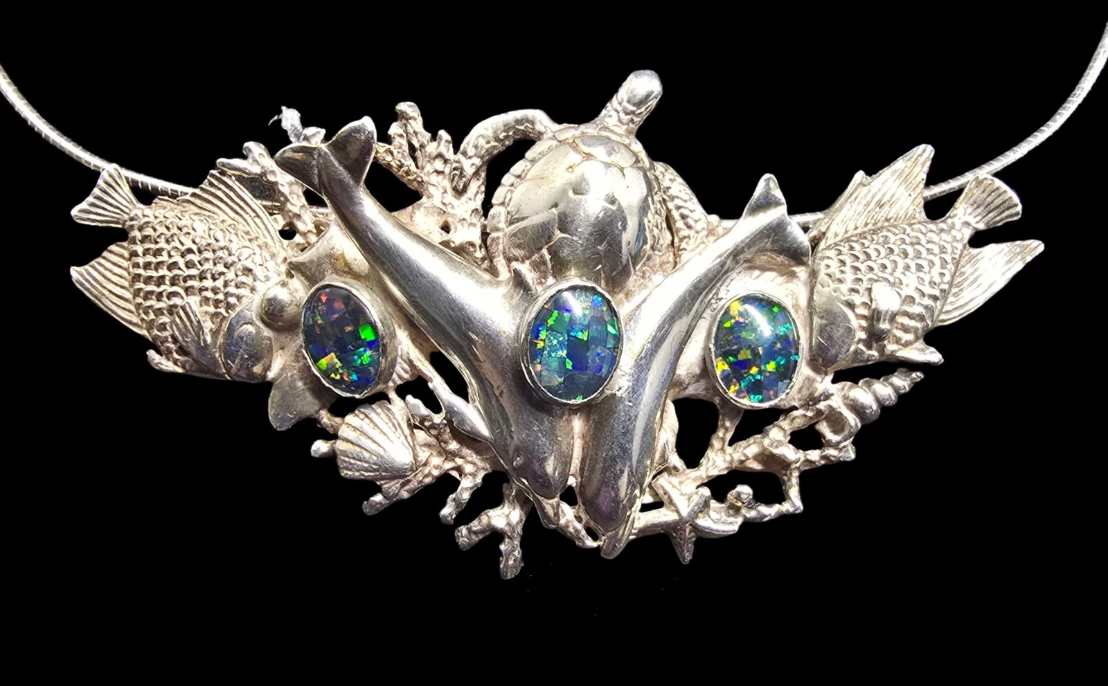 Gorgeous Ornate Vintage Sterling Silver & Multi-Color Gemstone Coral Reef /w Fish & Turtles Pendant: Very good vintage condition with minor patina according to age. The pendant measures approx. 3" wide and the piece has a total weight of ca. 45 grams. The necklace is approx. 14" long. Marked for Ster