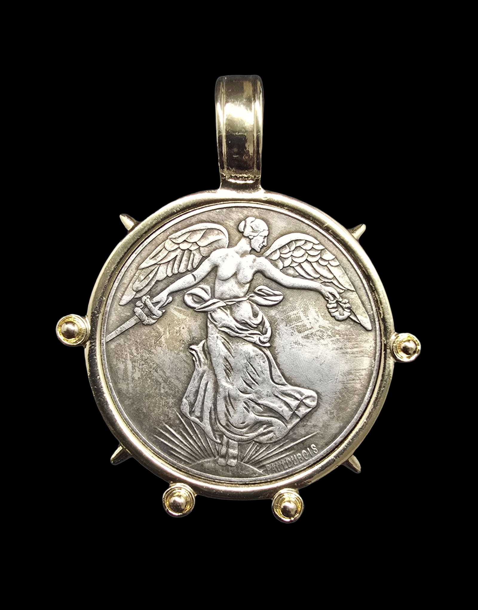 Unusual Vintage French Commemorative Medal/Coin Pendant: Very good vintage condition with minor patina according to age. Measures approx. 2 1/2" wide and weighs ca. 35 grams.