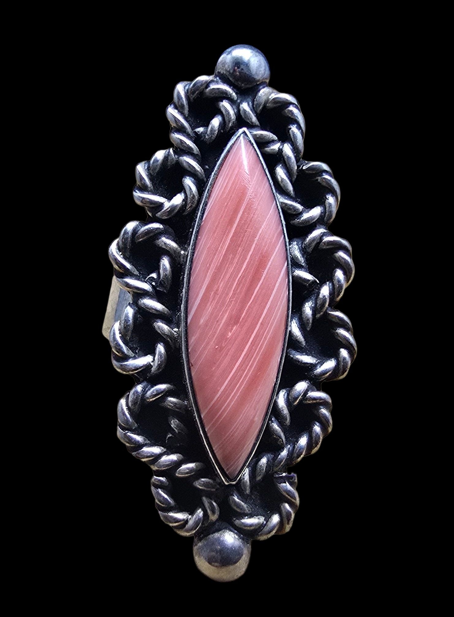 Very Unusual Vintage Native American Sterling Silver & Shell Ring: Very good vintage condition with minor patina according to age. Measures approx. 1/2" wide and weighs ca. 6.5 grams. The ring is a size 7.5. Marked for Sterling Silver.