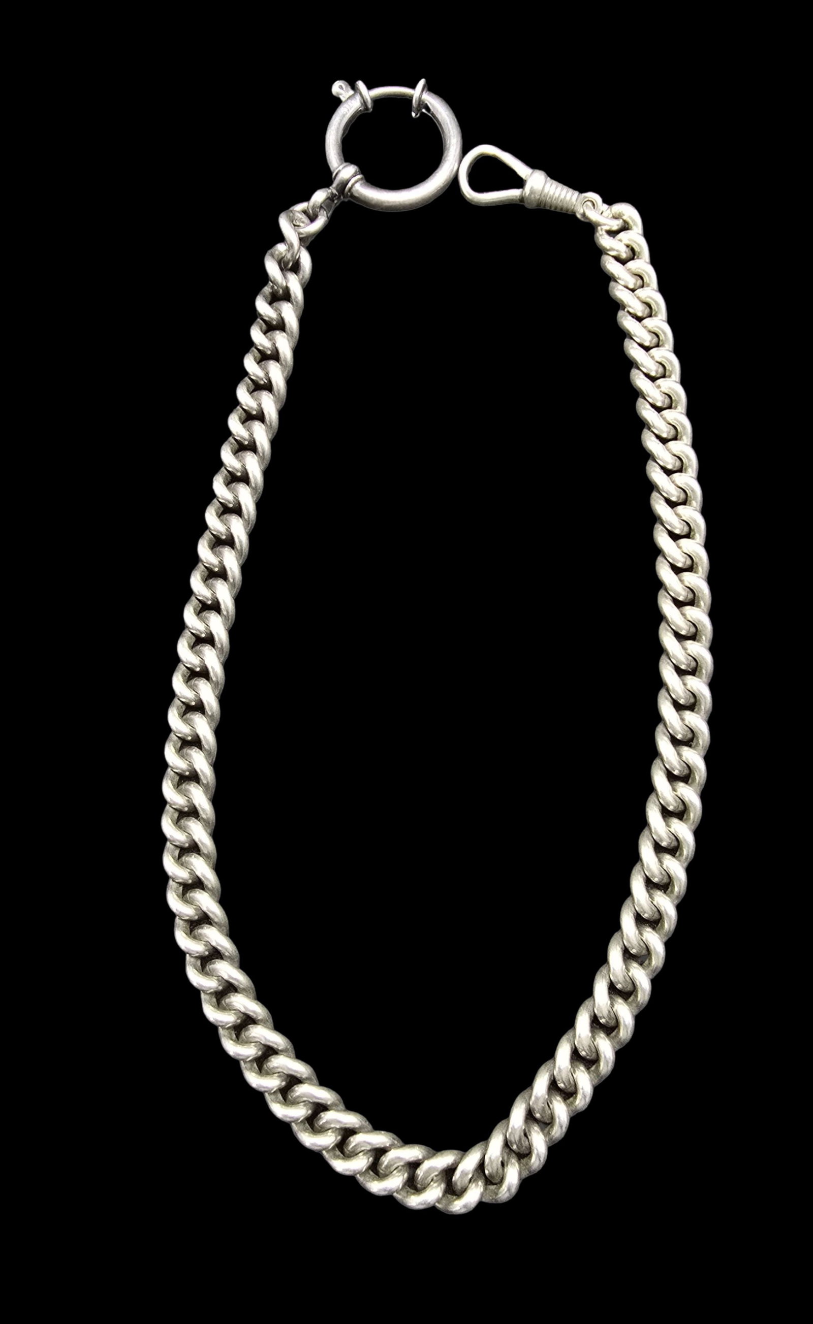 Stylish Vintage Sterling Silver Pocket Watch Chain: Very good vintage condition with minor patina according to age. Measures approx. 13" long and weighs ca. 40 grams. Marked for Sterling Silver.