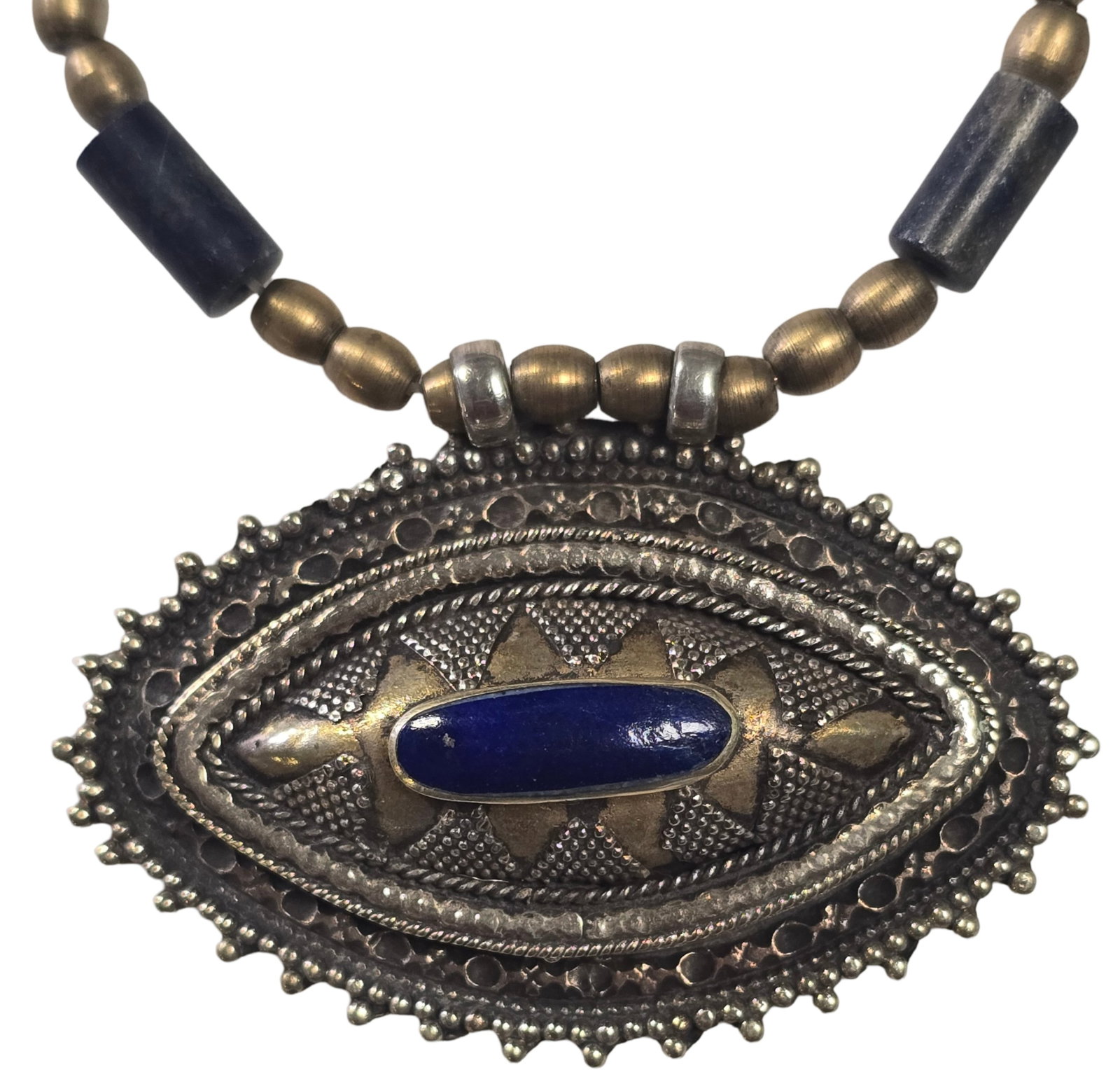 Antique Oriental Sterling Silver & Blue Gemstone Pendant Necklace: Measures approx 9 1/2" long. Very good antique condition with minor patina and wear according to age.