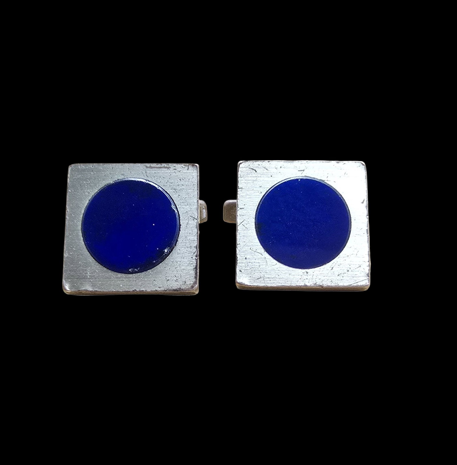 Stylish Vintage Mid-Century Modern FRANZ SCHEURLE Germany Sterling Silver & Blue Enamel Cufflinks: Very good vintage condition with minor patina according to age. Each measures approx. 1" wide and they jointly weigh ca. 18.5 grams. Marked for Sterling Silver.