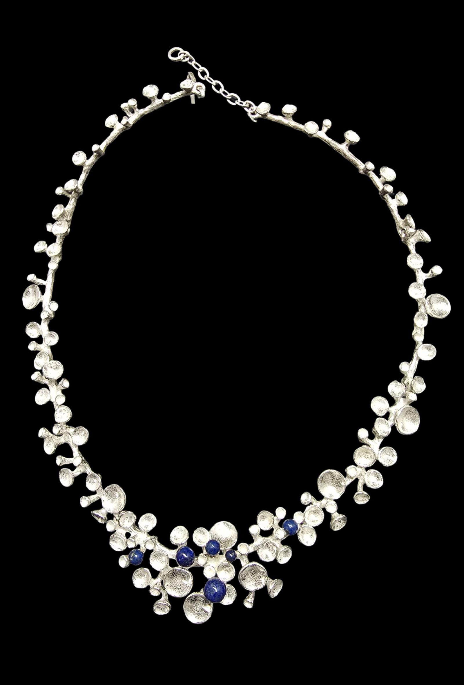 Stunning Vintage Mid-Century Modern Brutalist Sterling Silver & Blue Gemstone Necklace: Very good vintage condition with minor patina according to age. Measures approx. 4" wide and weighs ca. 51.5 grams. Marked for Sterling Silver.