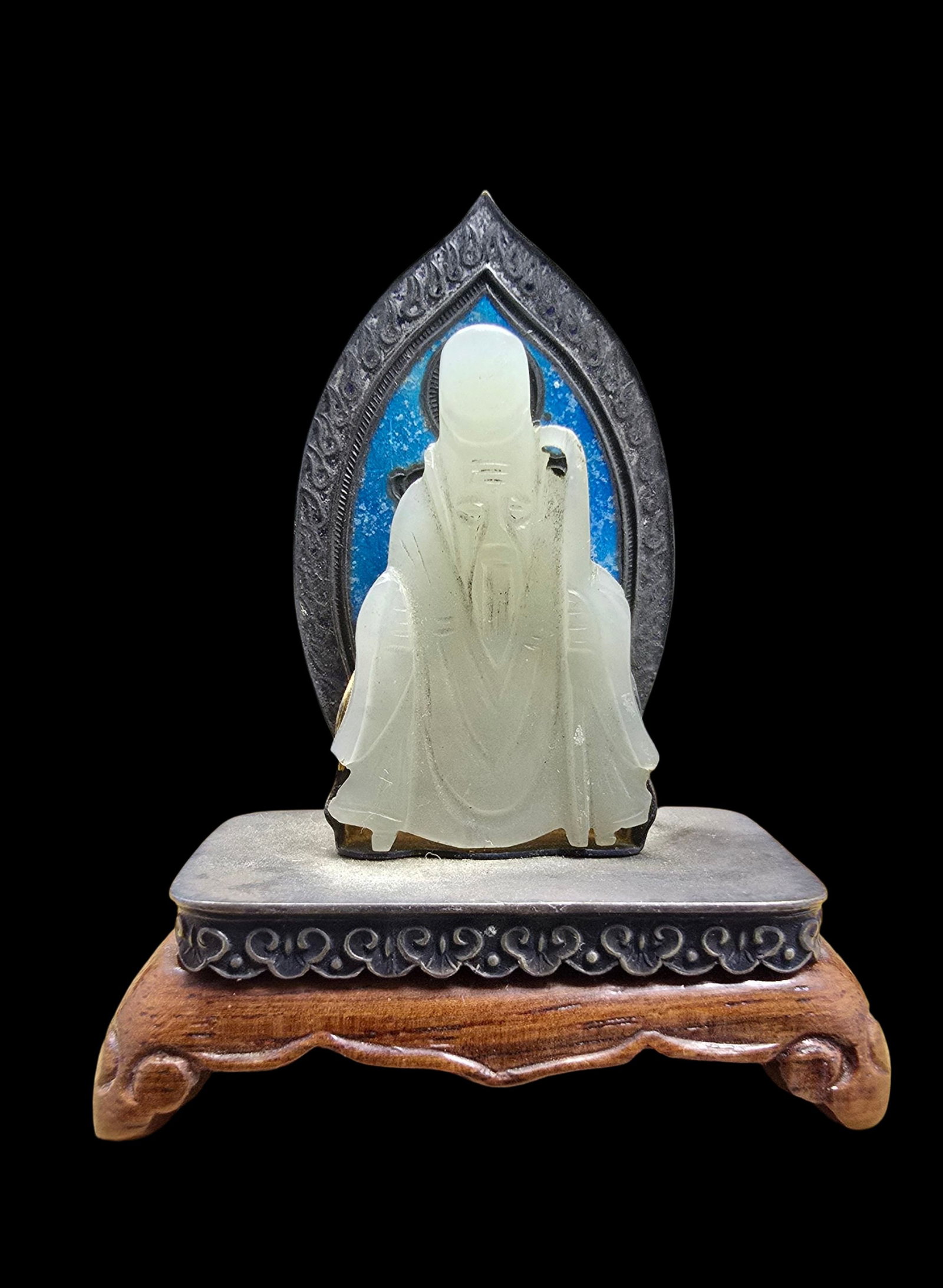 Unusual Vintage Asian Sterling Silver & Carved Jade Miniature Shrine: Very good vintage condition with minor patina according to age. Measures approx. 2" high and weighs ca. 46.5 grams. Marked for Silver.