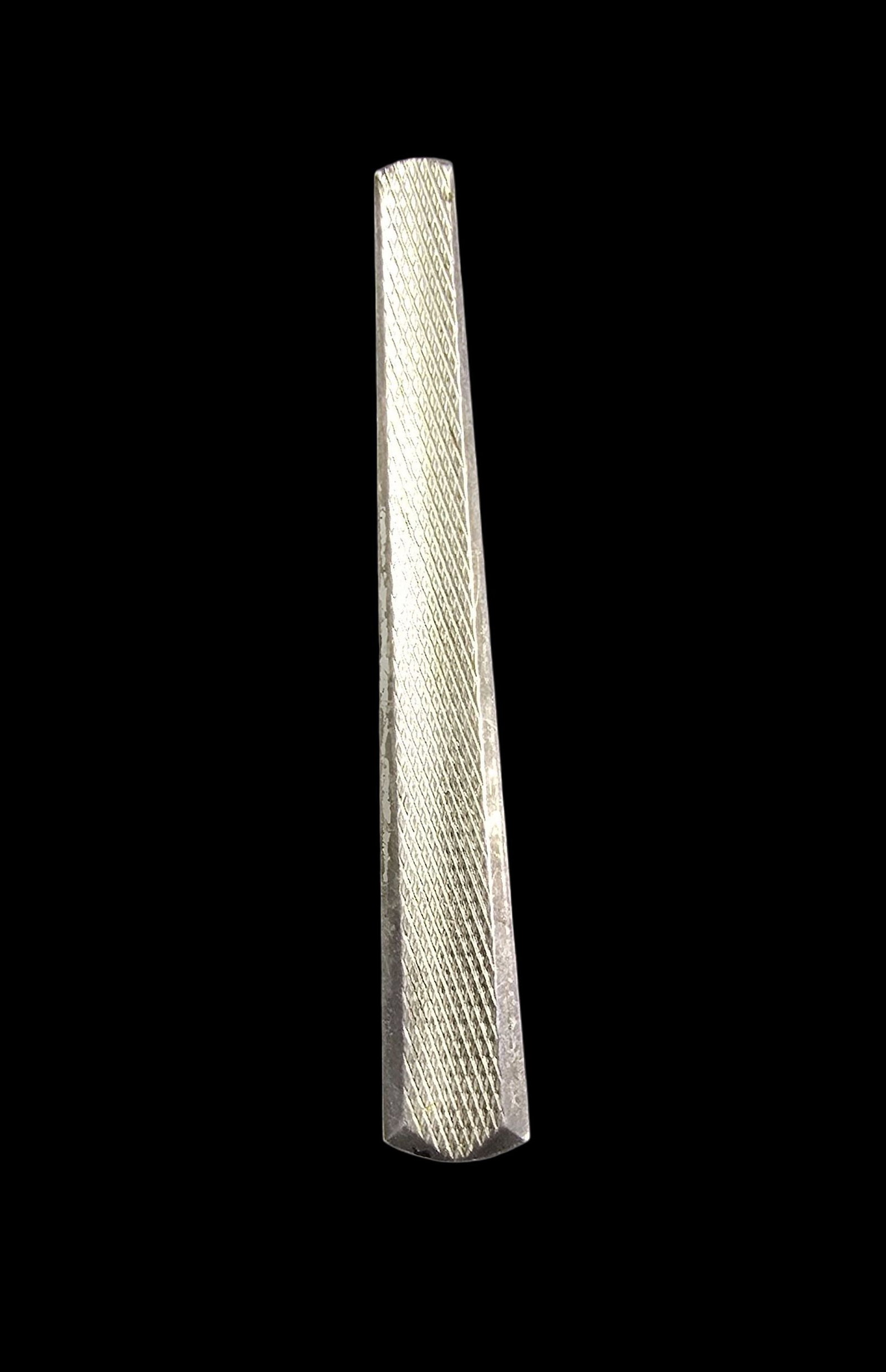 Stylish Vintage Mid-Century 935 Silver Designer Tie Clip: Very good vintage condition with minor patina according to age. Measures approx. 2" long and weighs ca. 5.5 grams. Marked for 935 Silver and Designer.