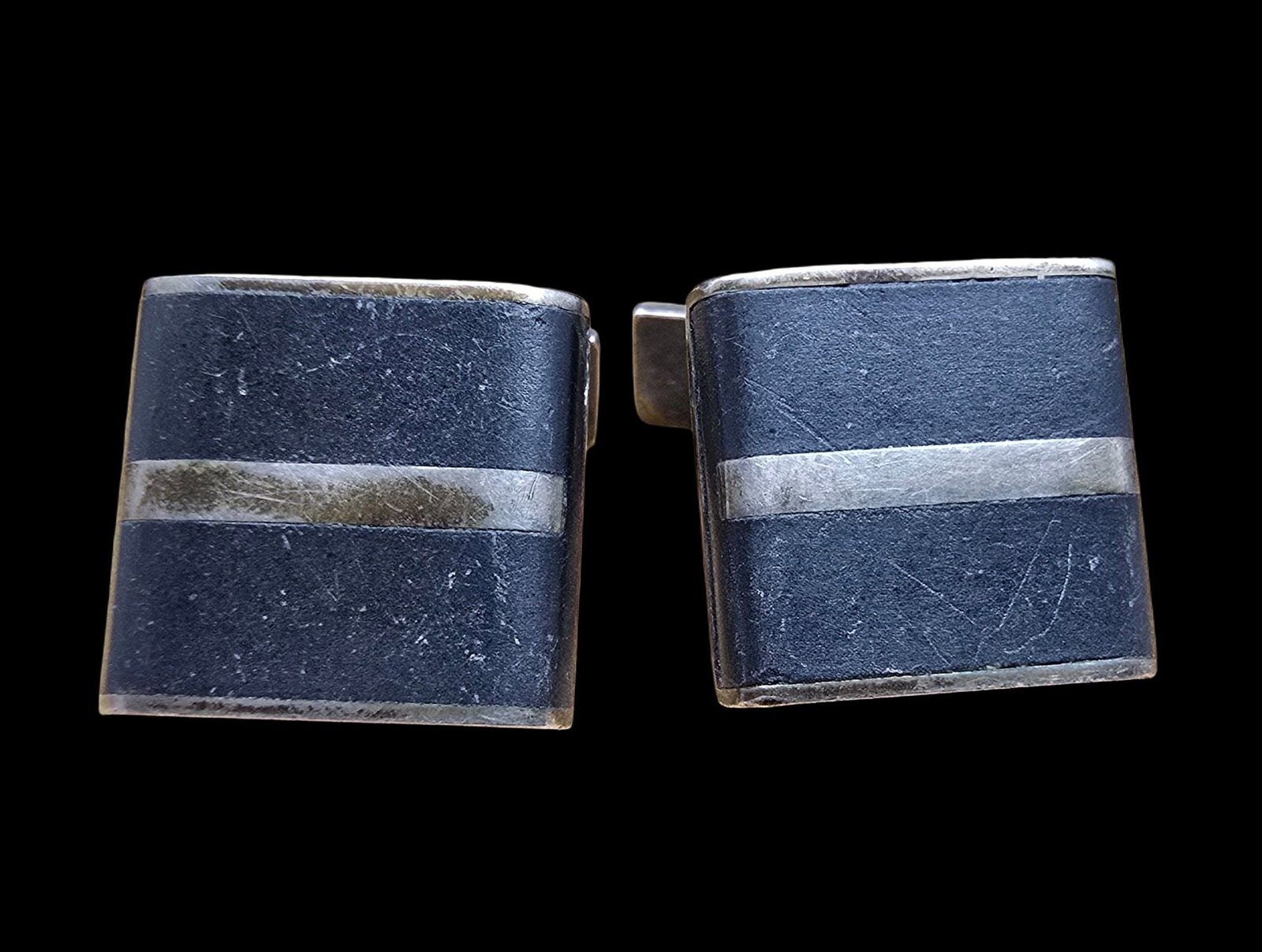 Unusual Pair of Vintage European 835 Silver & Black Enamel Cufflinks: Very good vintage condition with minor patina according to age. Total weight is ca. 8.5 grams. Marked for 835 Silver.
