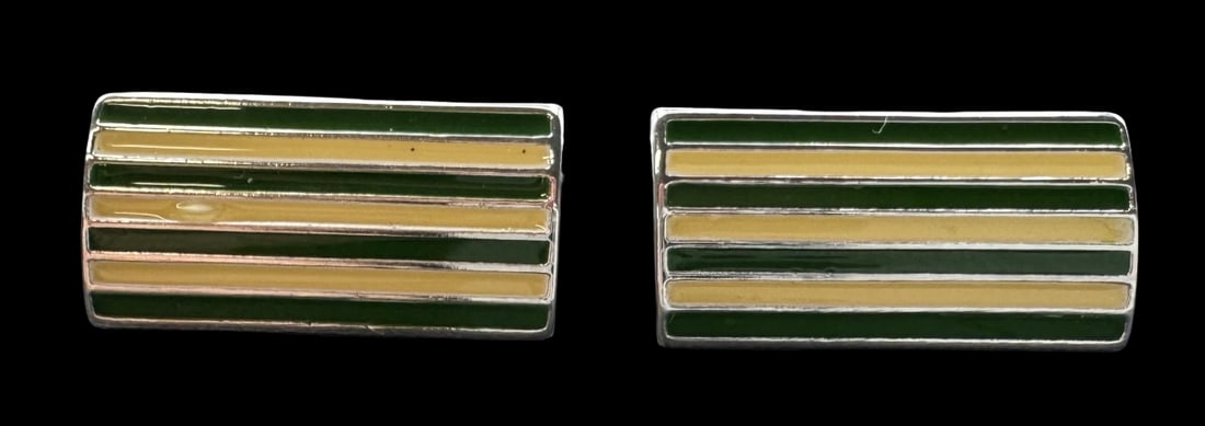 Stylish Vintage Silver Metal Green & Yellow Enamel Cufflinks (1 of 4)