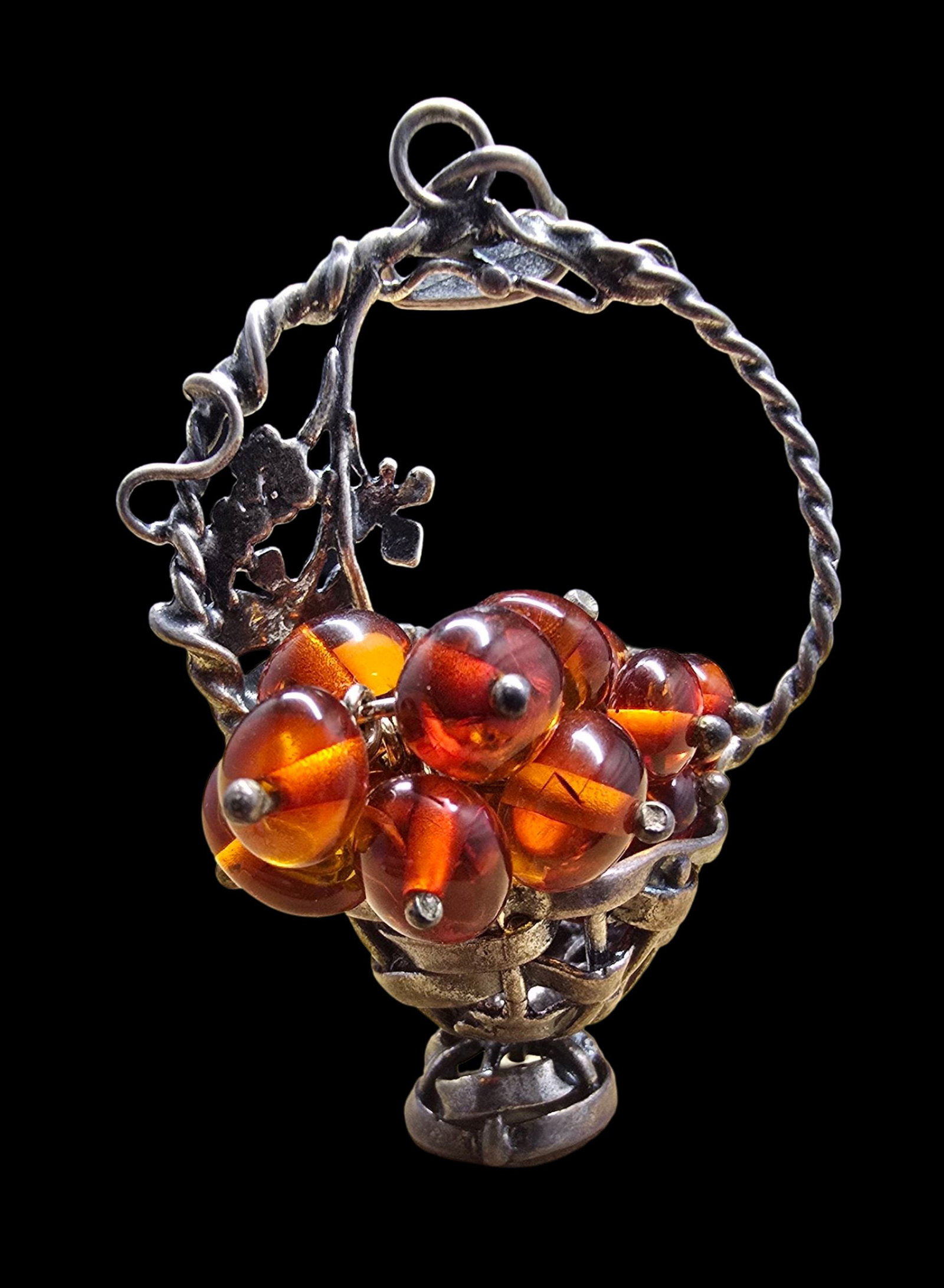 Very Unusual Handmade Vintage European 800 Silver & Baltic Amber Fruit Basket Pendant (1 of 4)