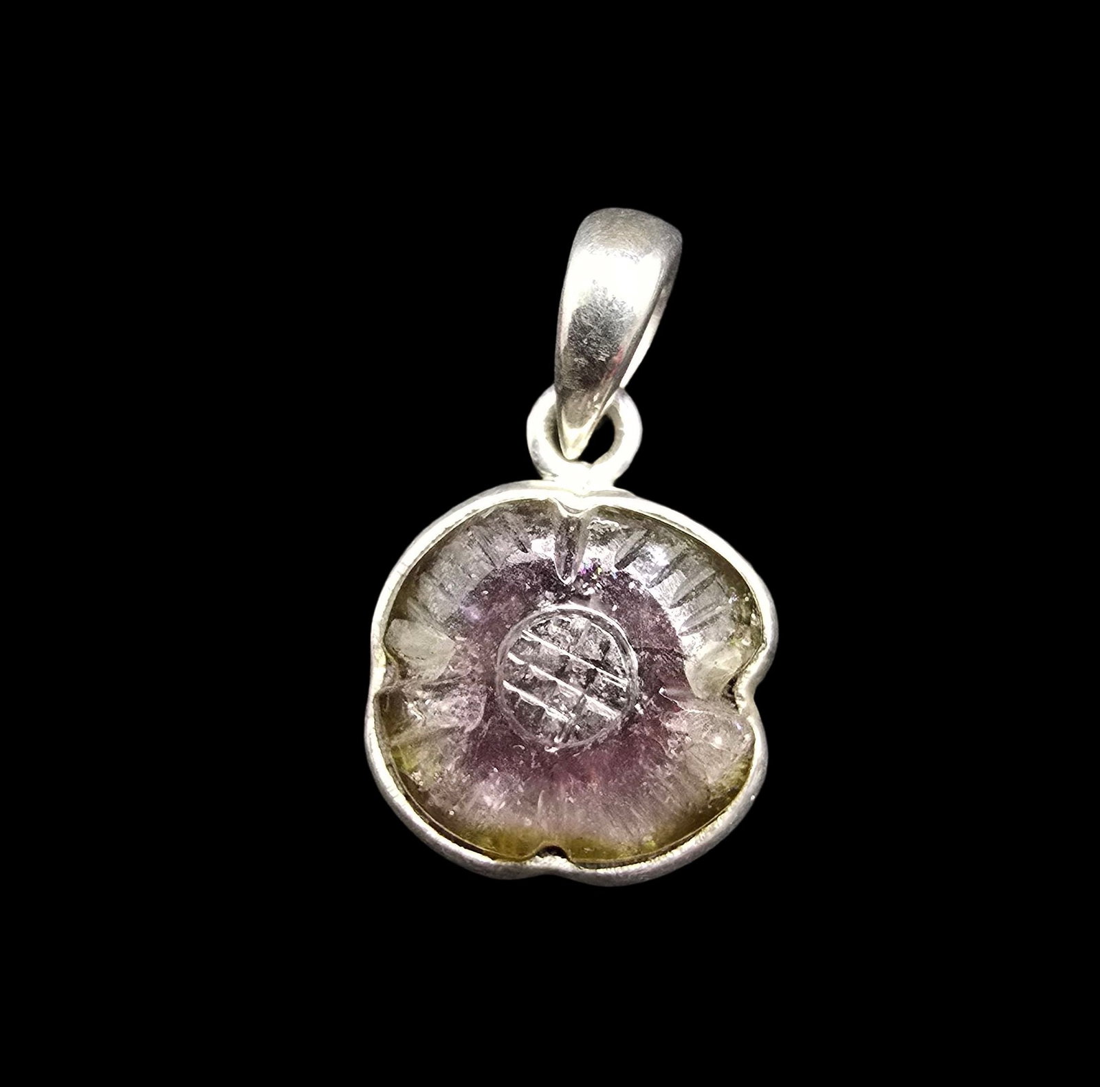 Beautiful Vintage Sterling Silver & Watermelon Torumaline Pendant: Very good vintage condition with minor patina according to age. Measures approx. 1/2" wide and weighs ca. 2.5 grams. Marked for Sterling Silver.