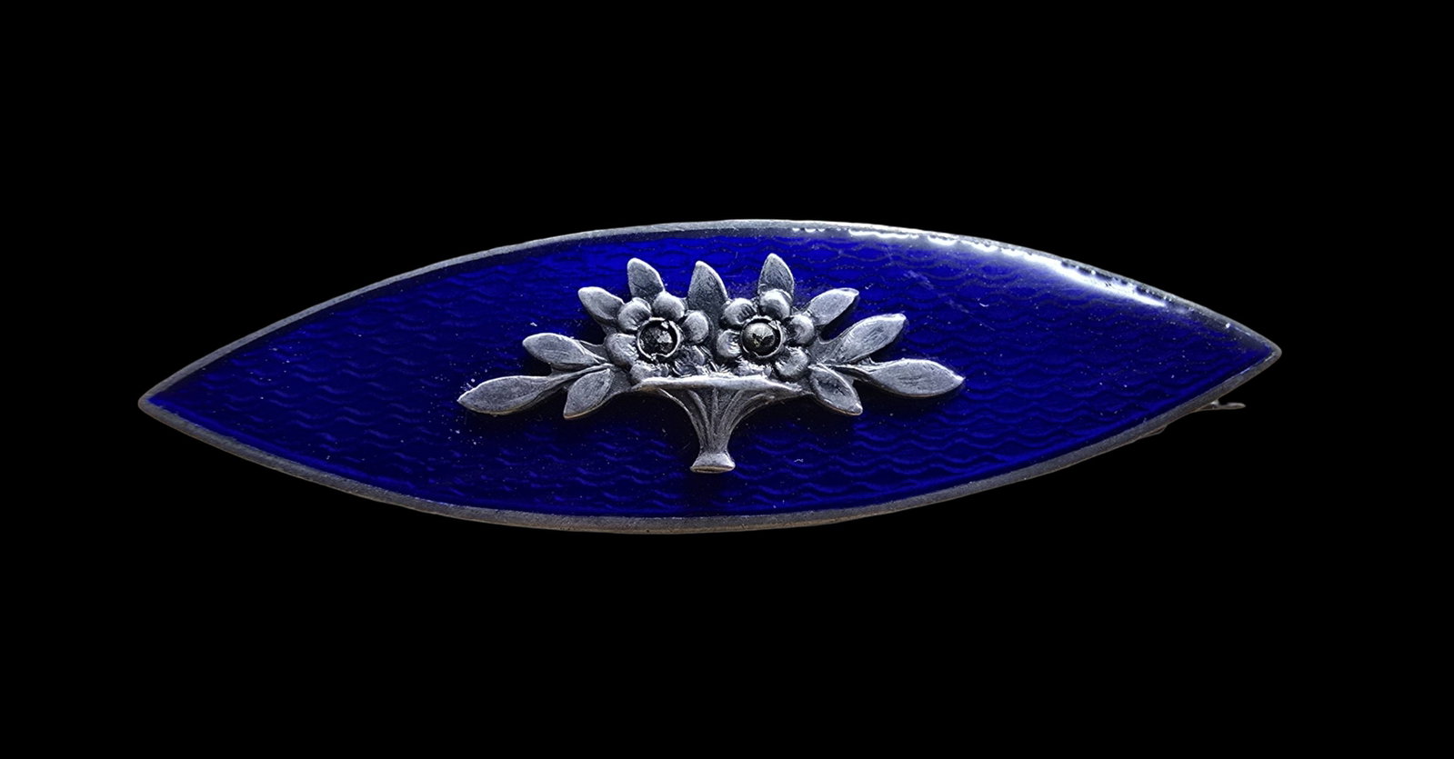 Beautiful Antique European 900 Silver & Blue Enamel Brooch /w Flower Basket: Very good vintage condition with minor patina according to age. Measures approx. 1 1/2" wide and weighs ca. 5 grams. Marked for 900 Silver.
