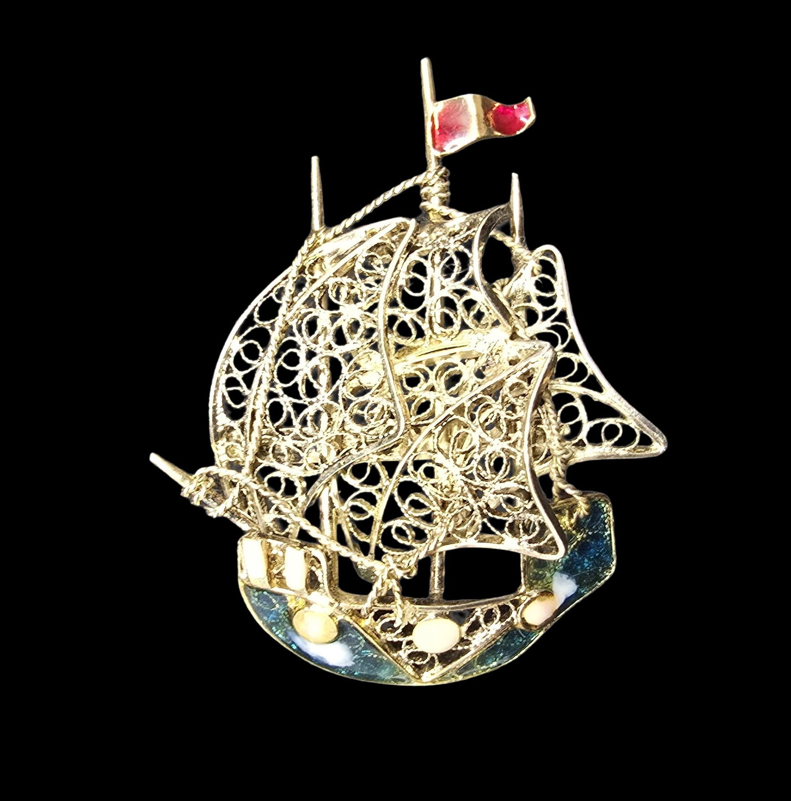 Ornate Vintage Gilt European 800 Silver & Enamel Filigree Sail Boat Pin Brooch: Very good antique condition with minor patina according to age. Measures approx. 3" long and weighs ca. 6.5 grams. Marked for 800 Silver.