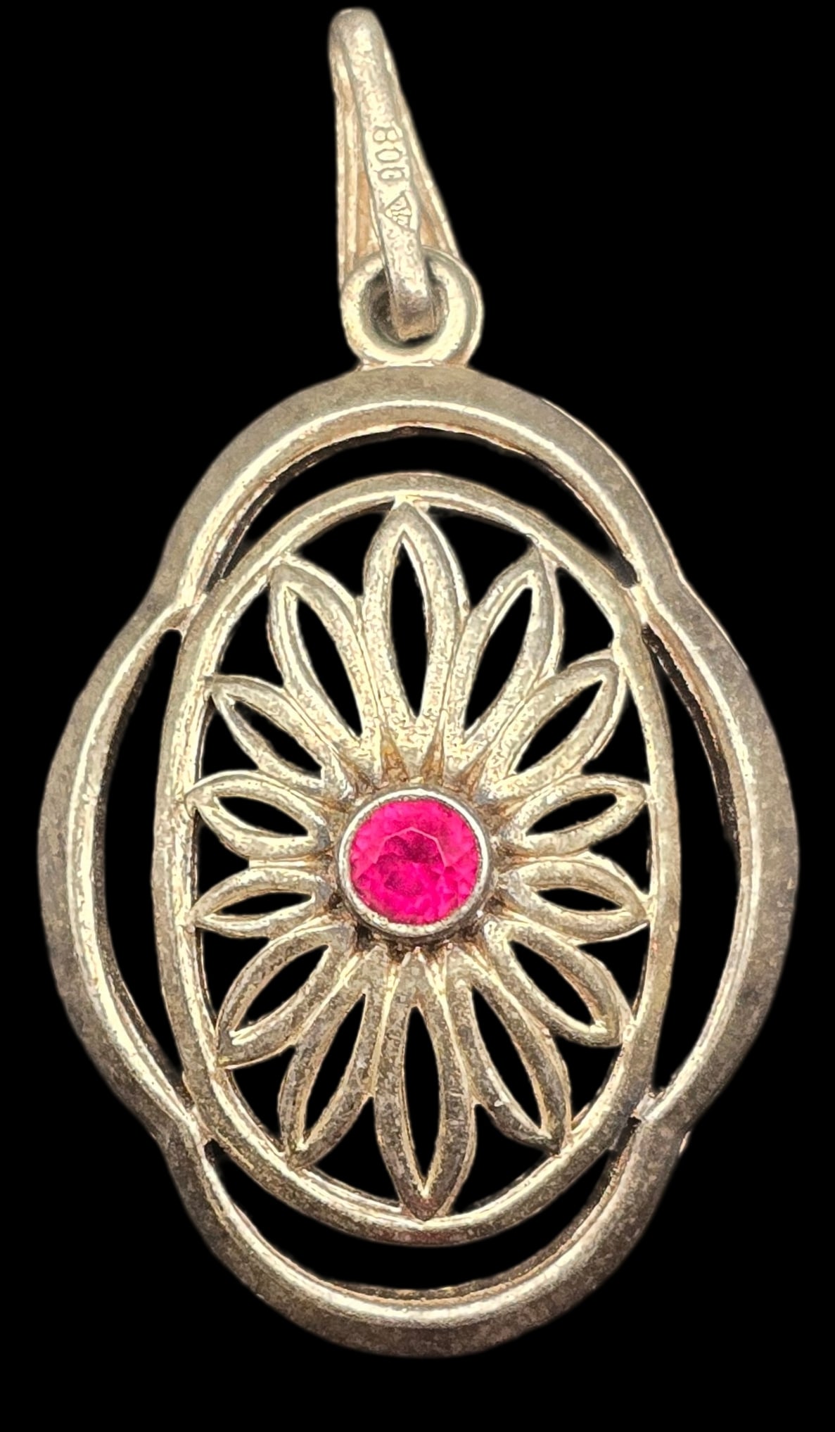 Vintage Mid-Century European 800 Silver Designer Pendant & Pink Gemstone: Measures approx 1" long x 3/4" wide and weighs ca. 3.3 grams. Very good vintage condition with minor patina according to age. Marked"800" for a common European silver standard of 80% silver and carryi