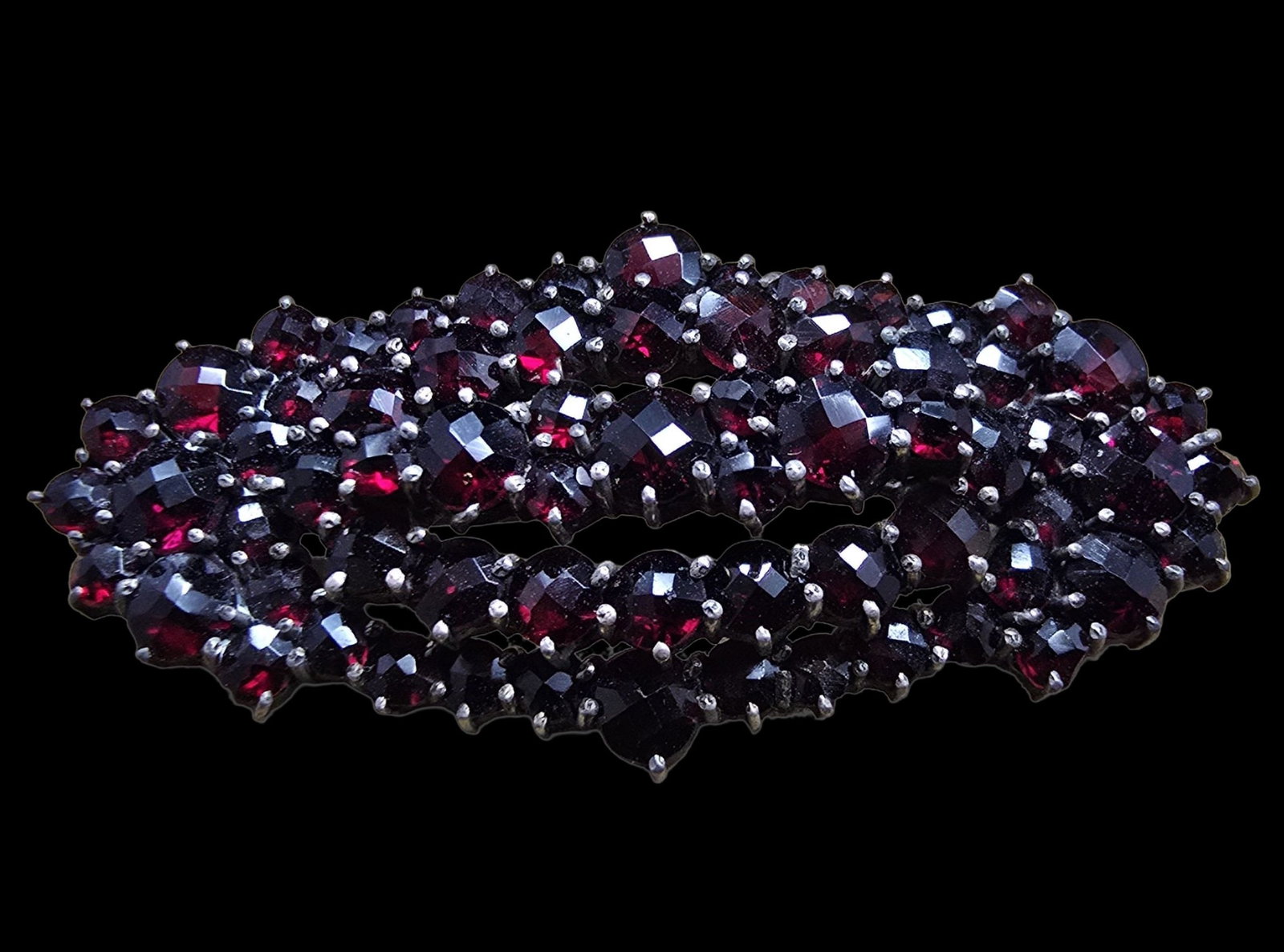 Beautiful Antique ca. 1900 European 800 Silver & Red Garnet Cluster Pin Brooch: Very good vintage condition with minor patina according to age. Measures approx. 2" wide and weighs ca. 7.5 grams. Tested for Silver.