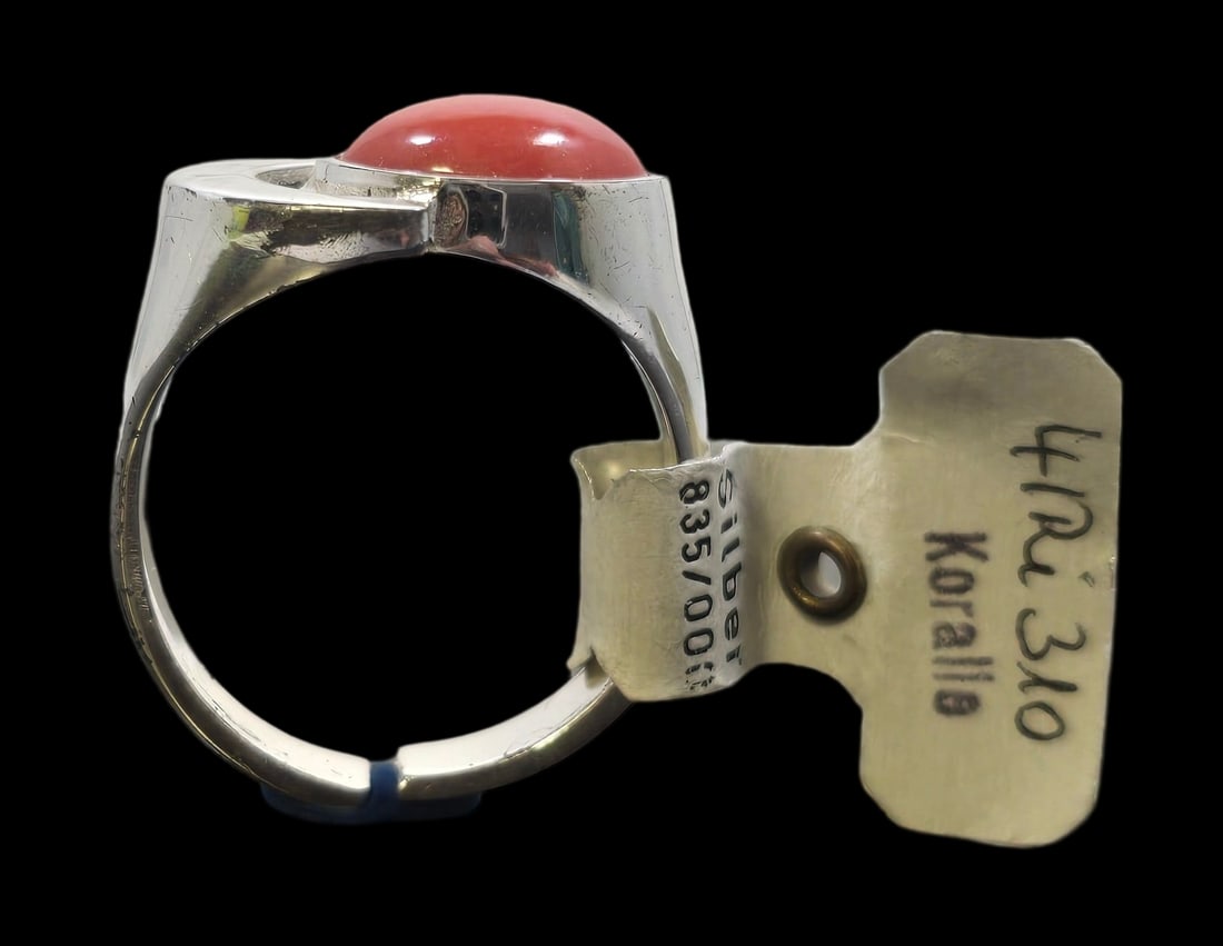 Vintage Mid-Century Modern European 835 Silver & Red Coral Designer Ring - New Old Stock: Very good vintage condition with very minor patina due to storage; new old stock with original tag. The ring is a size 6 1/2" and weighs ca. 5 grams. Marked for 835 (83.5%) silver.