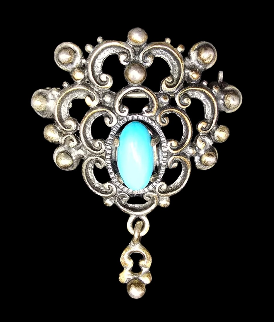 Gorgeous & Ornate Vintage European 835 Silver & Turquoise Pin Brooch: Very good vintage condition with minor patina according to age. Measures approx. 1 1/2" long and 1" wide and weighs ca. 6 grams. Marked for 835 Silver.