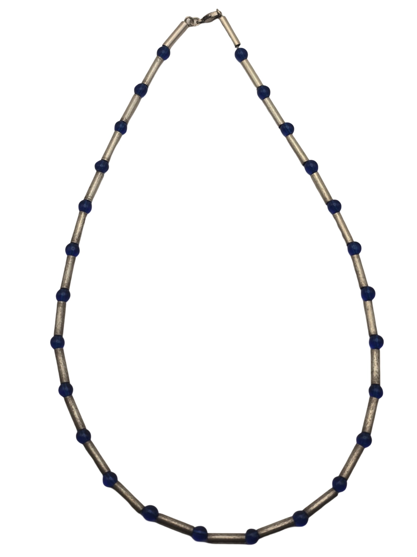 Vintage Sterling Silver Tube & Blue Glass Bead Necklace: Very good vintage condition with some patina and wear according to age. Measures approx. weighs ca. 12 grams. Marked for Sterling Silver..