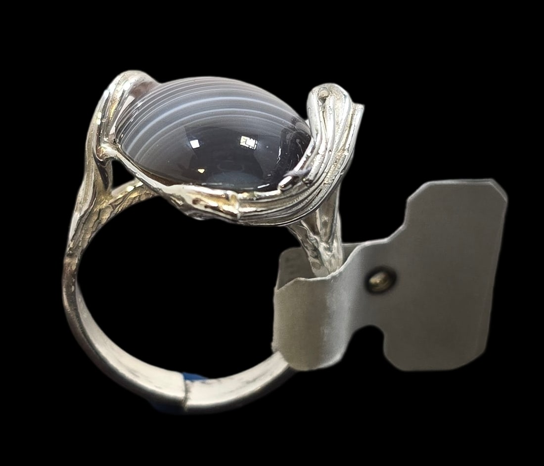 Vintage Mid-Century Modern European 835 Silver & Botswana Agate Designer Ring - New Old Stock: Very good vintage condition with very minor patina due to storage; new old stock with original tag. The ring is a size 5 1/2" and weighs ca. 8 grams. Marked for 835 (83.5%) silver.