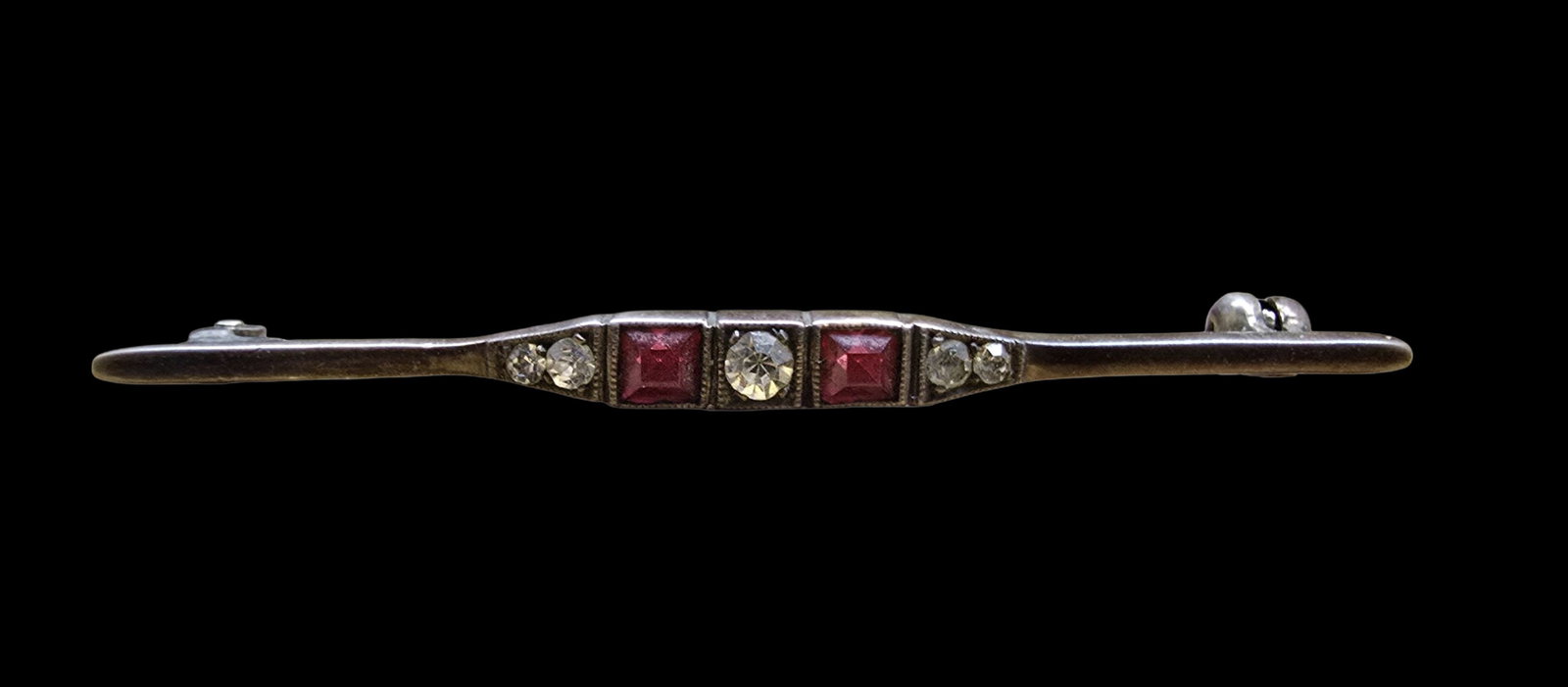 Beautiful Vintage Art Deco European 835 Silver & Red/Clear Gemstone Pin Brooch: Very good antique condition with minor patina according to age. Measures approx. 2" wide and weighs ca. 2.5 grams. Marked for 835 Silver.