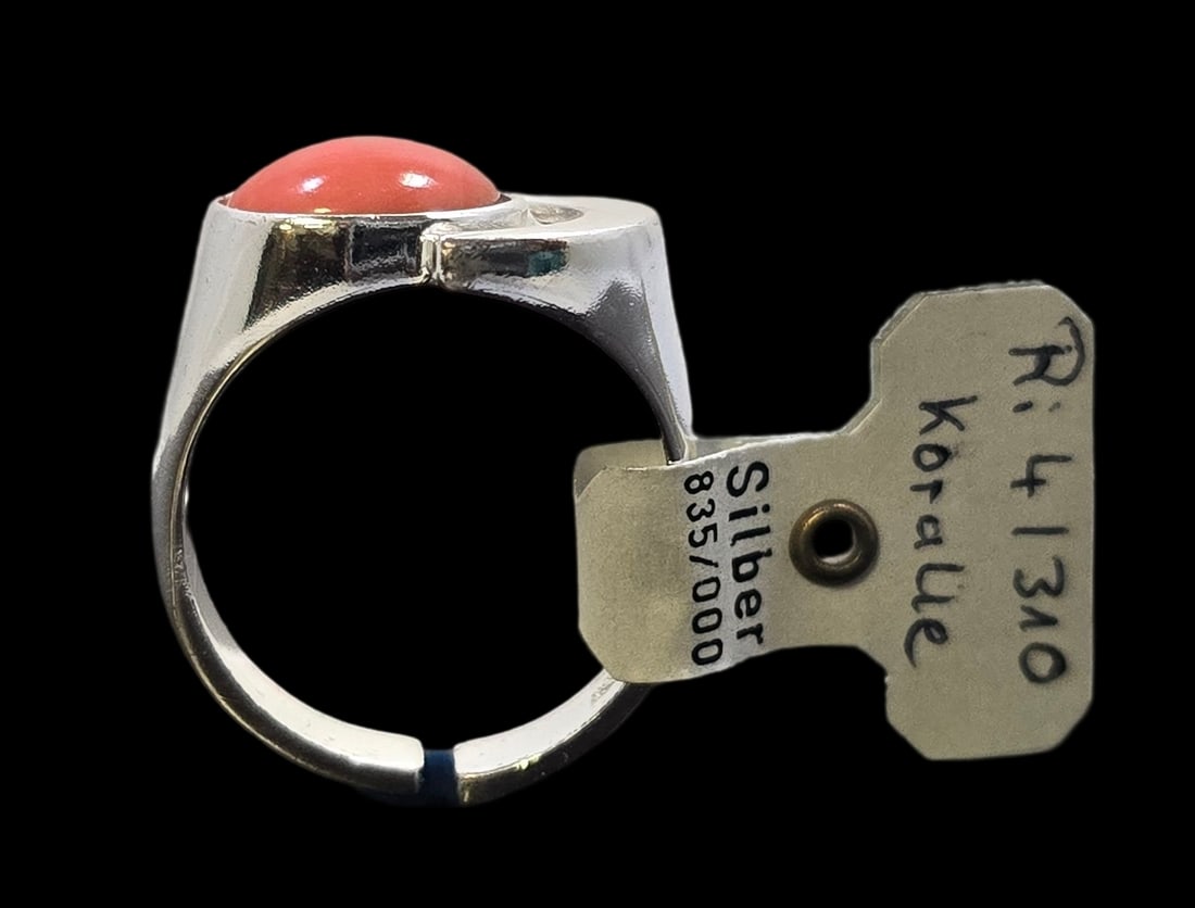 Vintage Mid-Century Modern European 835 Silver & Red Coral Designer Ring - New Old Stock: Very good vintage condition with very minor patina due to storage; new old stock with original tag. The ring is a size 7 and weighs ca. 5 grams. Marked for 835 (83.5%) silver.