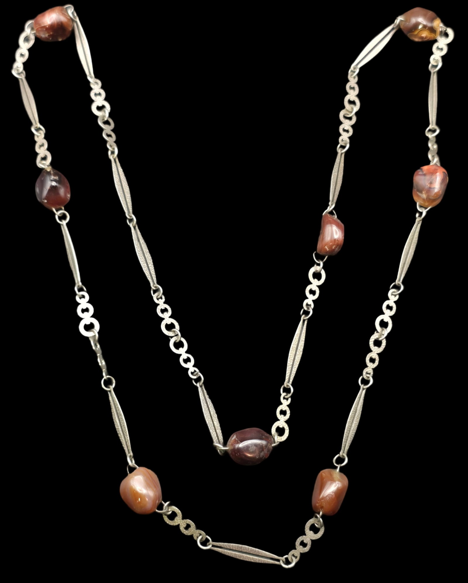 Unsusual Vintage European 800 Silver & Gemstone Necklace: Measures approx. 15 1/2" long and weighs ca. 39.9 grams. Very good vintage condition with minor wear and patina according to age. Tested for a minimum of 800 (80%) silver.
