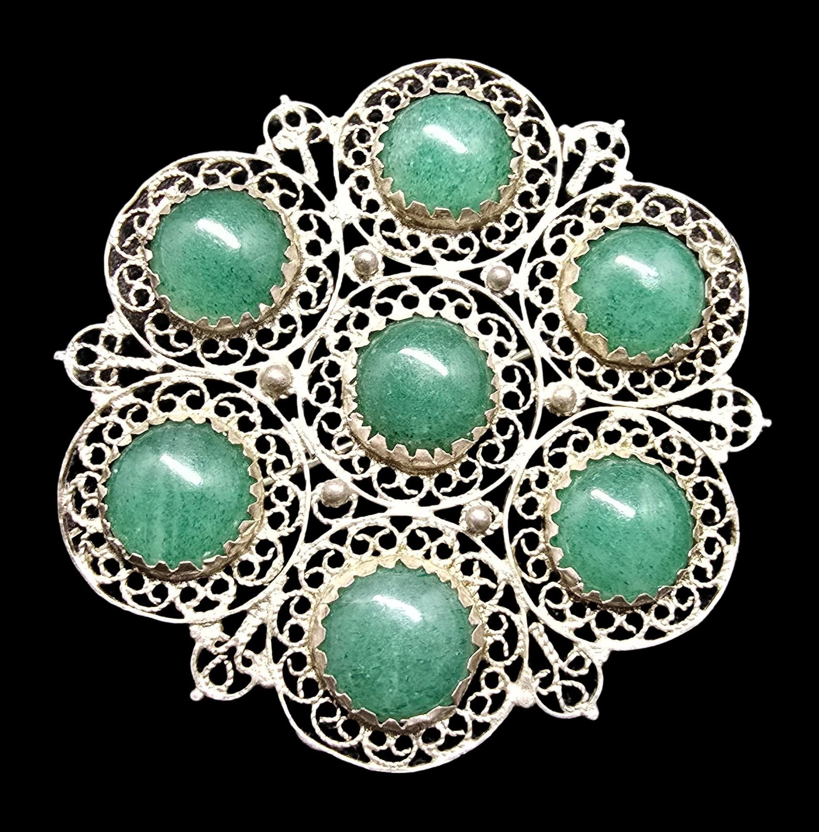 Unusual Ornate Vintage Filigree 800 Silver & Green Gemstone Pin Brooch: Very good antique condition with minor patina according to age. Measures approx. 2" wide and weighs ca. 9 grams. Tested for Silver.