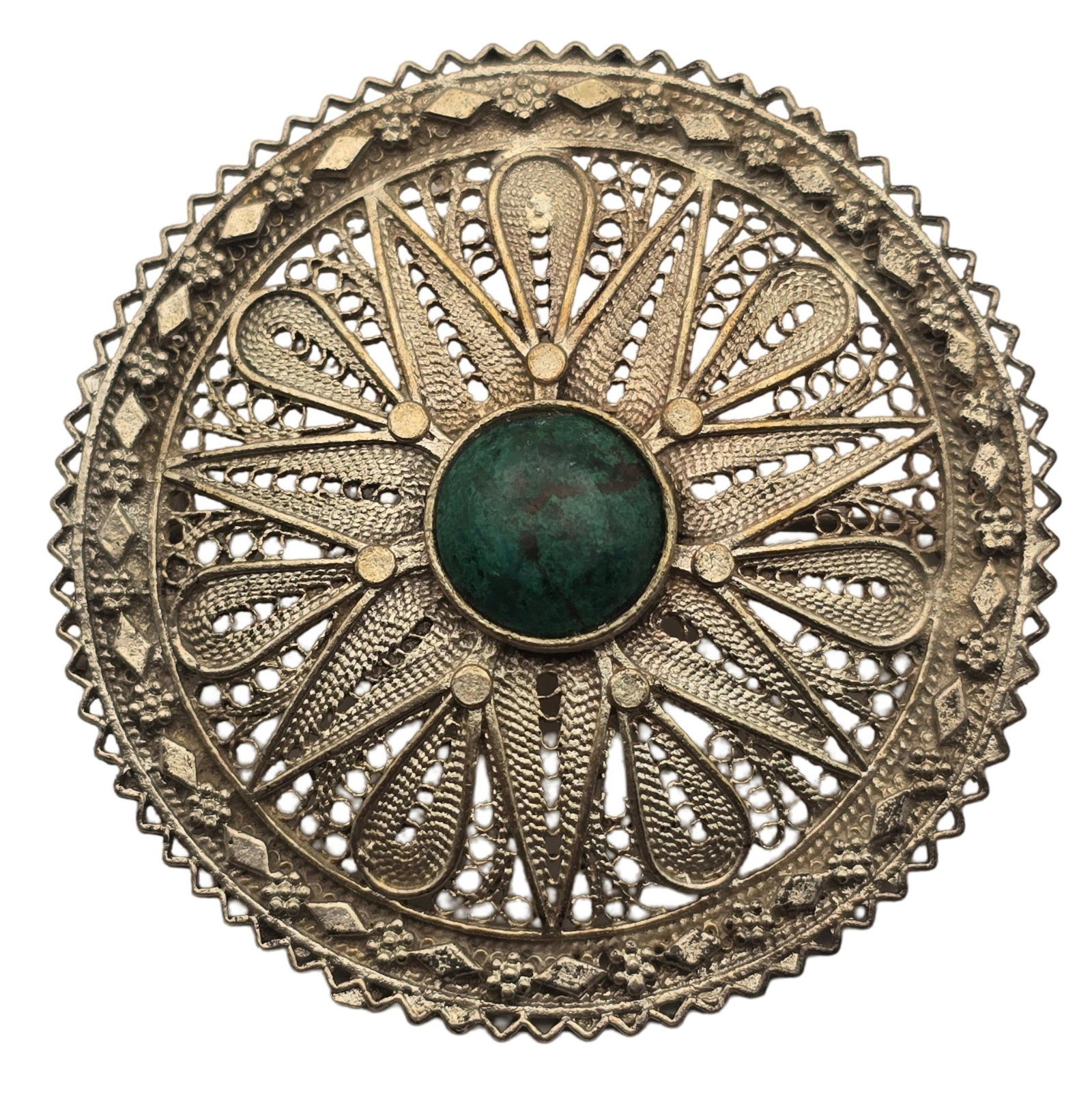 Vintage Round Sterling Silver & Green Gemstone Filigree Brooch: Very good vintage condition with some patina and wear according to age. Measures approx. 2" wide and weighs ca. 11.45 grams