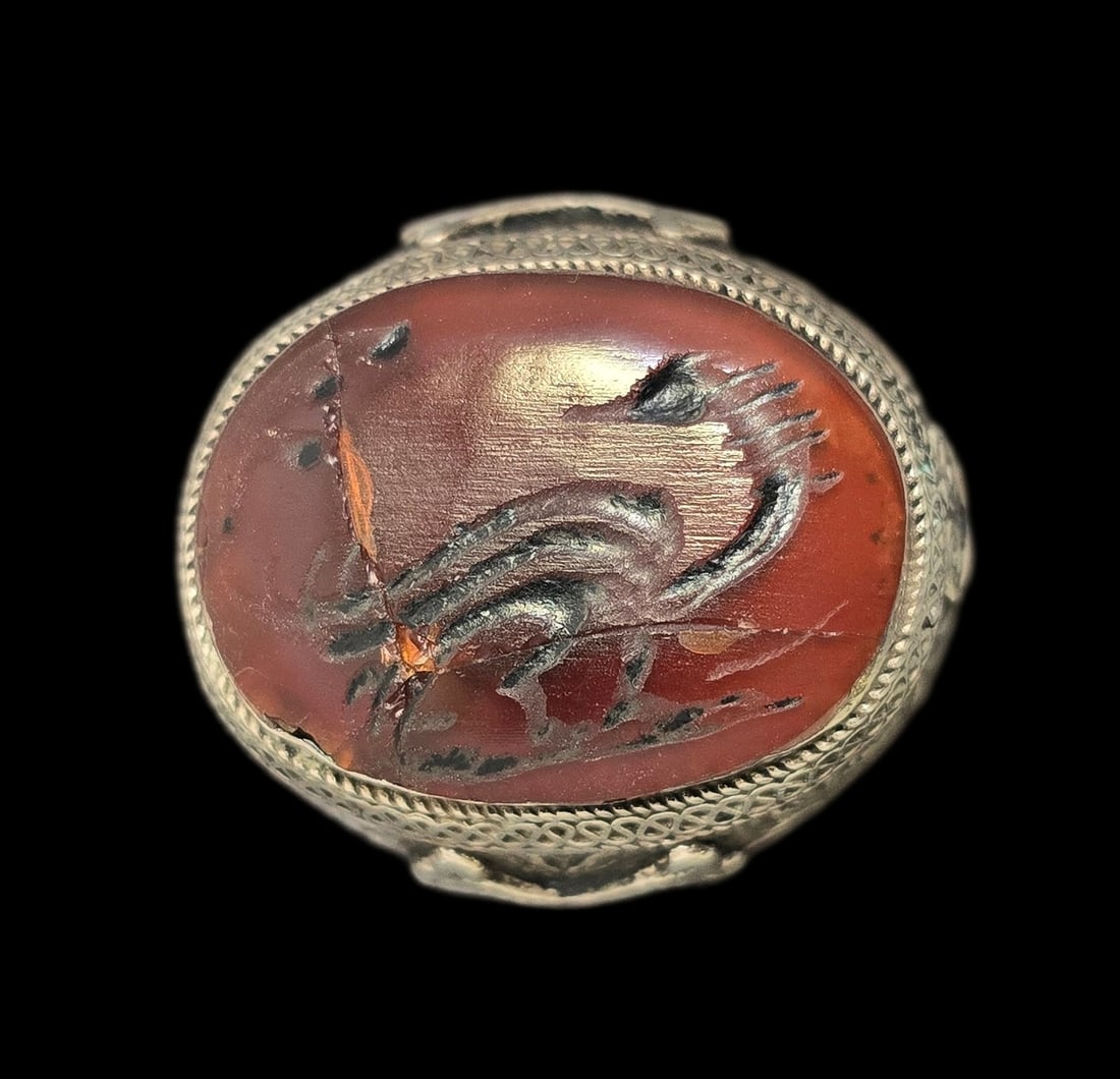 Massive Antique Oriental 900 Silver & Carnelian Signet / Seal Ring: Very good antique condition with some patina and wear according to age. The ring is a size 9" and weighs ca. 40 grams. Tested for a minimum of 900 (90%) silver.