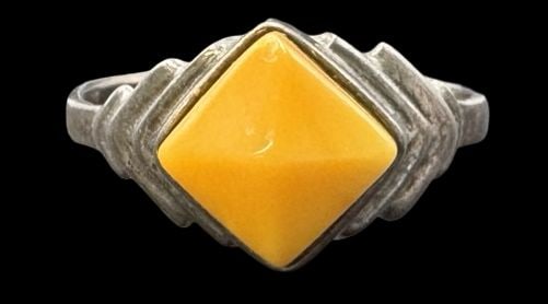 Vintage Mid-Century Modern USSR Soviet Russian Sterling Silver & Baltic Butterscotch Amber Designer: Very good vintage condition with minor patina according to age. Measures approx. 3/8" long x 3/8" wide and weighs ca. 2 grams. The ring is a size 5. Marked for Sterling Silver. & Designer Signature.