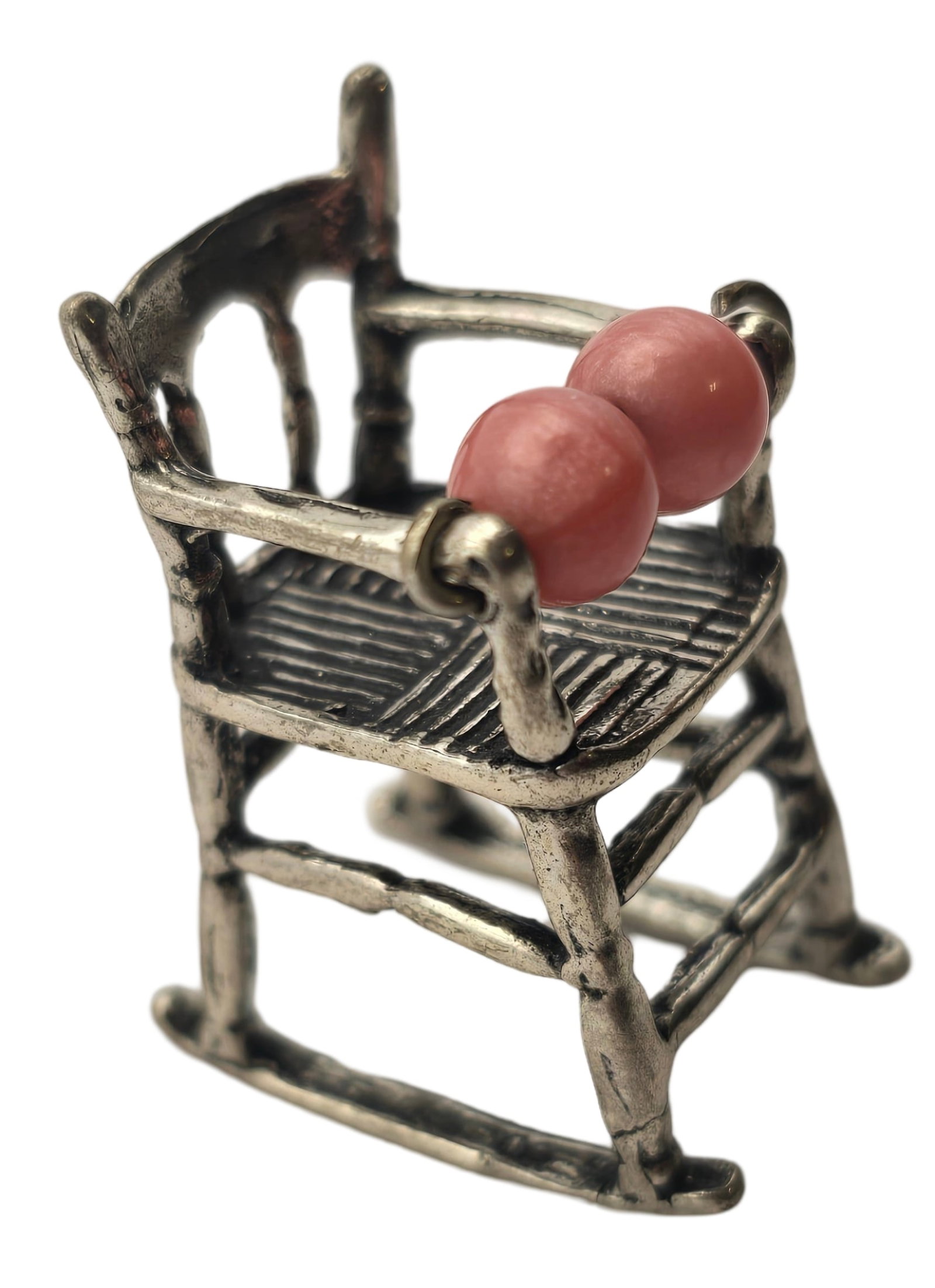 Vintage European 800 Silver & Pink Gemstones Baby Chair Figurine: Very good vintage condition with some patina and wear according to age. Measures approx. 1 1/2" long and weighs ca. 8.66 grams.
