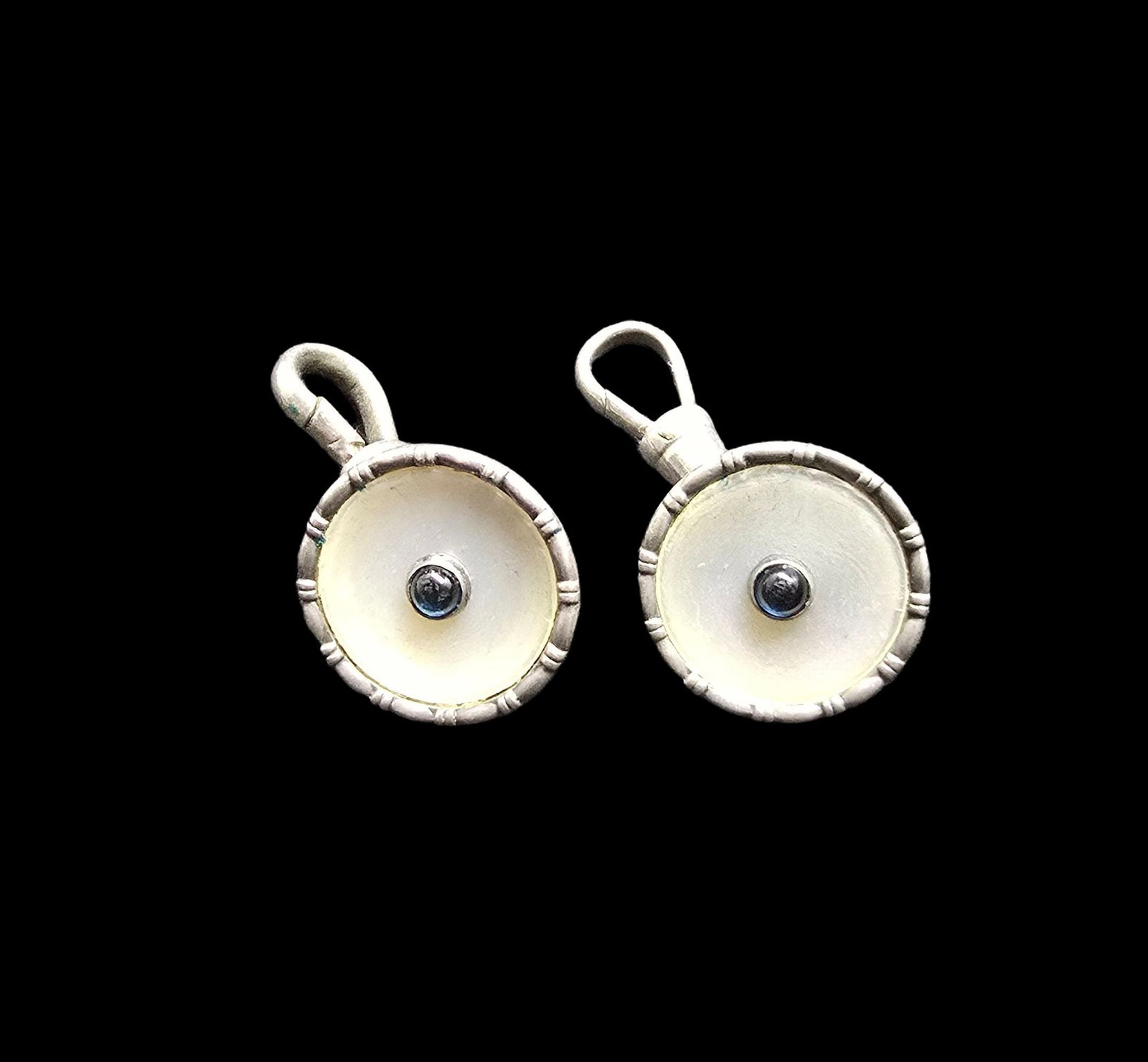 Unusual Pair of Antique European 835 Silver, Mother of Pearl & Blue Gemstone Cufflinks: Very good vintage condition with minor patina according to age. Each measures approx. 1/2" wide and they jointly weigh ca. 5.5 grams. Marked for 835 Silver.