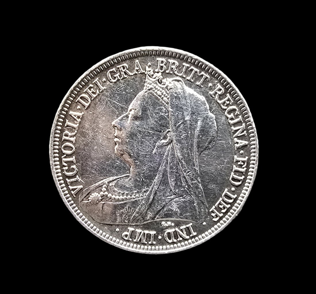 Antique 1895 British One Shilling Queen Victoria Silver Coin Brooch Pin: Very good antique condition with minor patina according to age. Measures approx. 1" wide and weighs ca. 5.5 grams.
