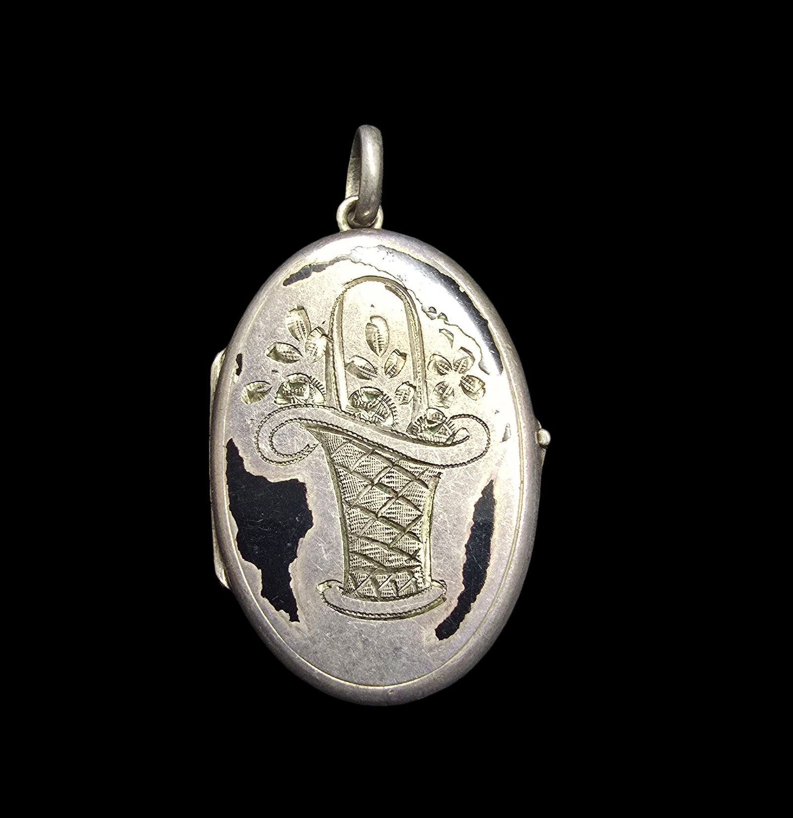 Antique Victorian European 835 Silver & Black Enamel Picture Locket Pendant: Very good antique condition with minor patina according to age; some enamel loss. Measures approx. 1 1/2" long and 1" wide and weighs ca. 8 grams. Marked for 835 Silver.
