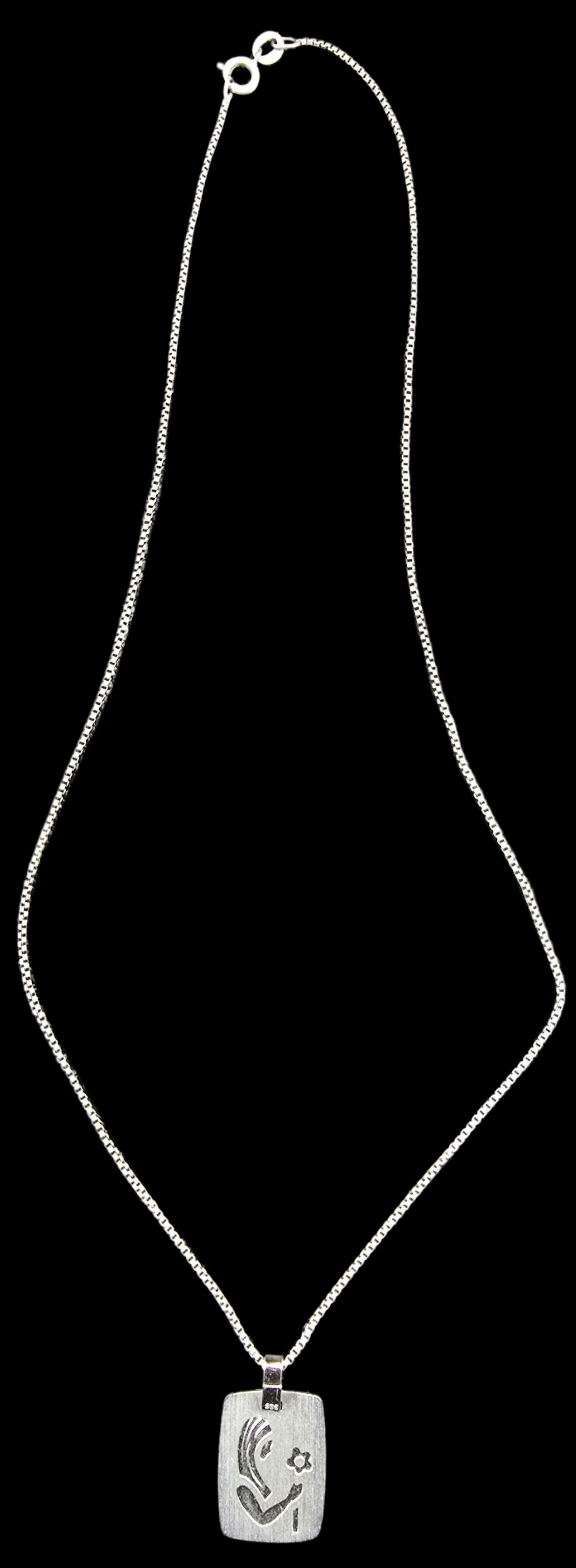 Vintage European 835 Silver Pendant Necklace & Stylized Woman's Portrait: Very good vintage condition with minor patina according to age. Measures approx. 18" long and weighs ca. 4.5 grams. Marked.