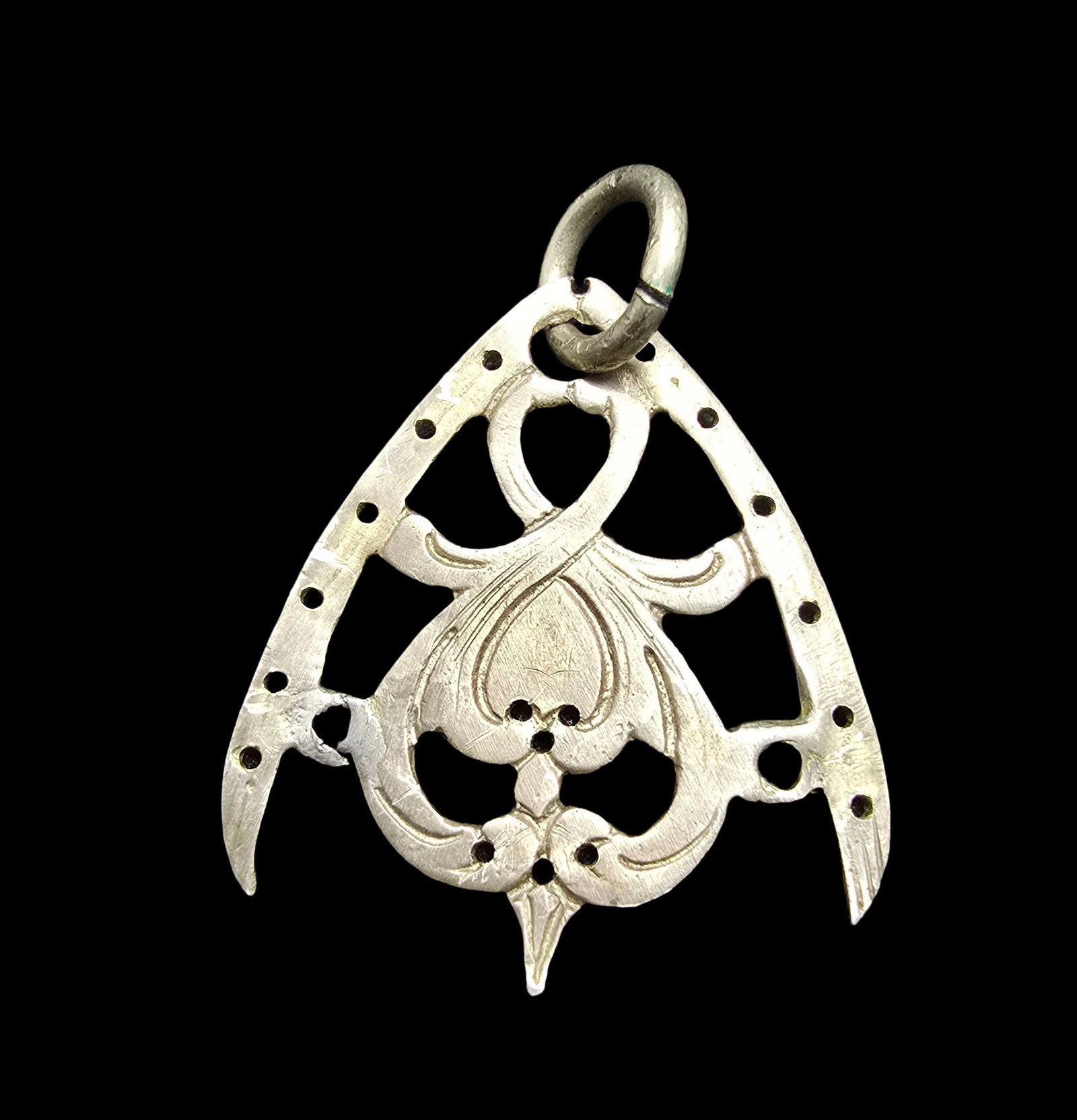 Vintage European 800 Silver Pendant: Very good vintage condition with minor patina according to age. Measures approx. 1 1/2" long and 2" wide and weighs ca. 2 grams. Marked for 800 Silver.