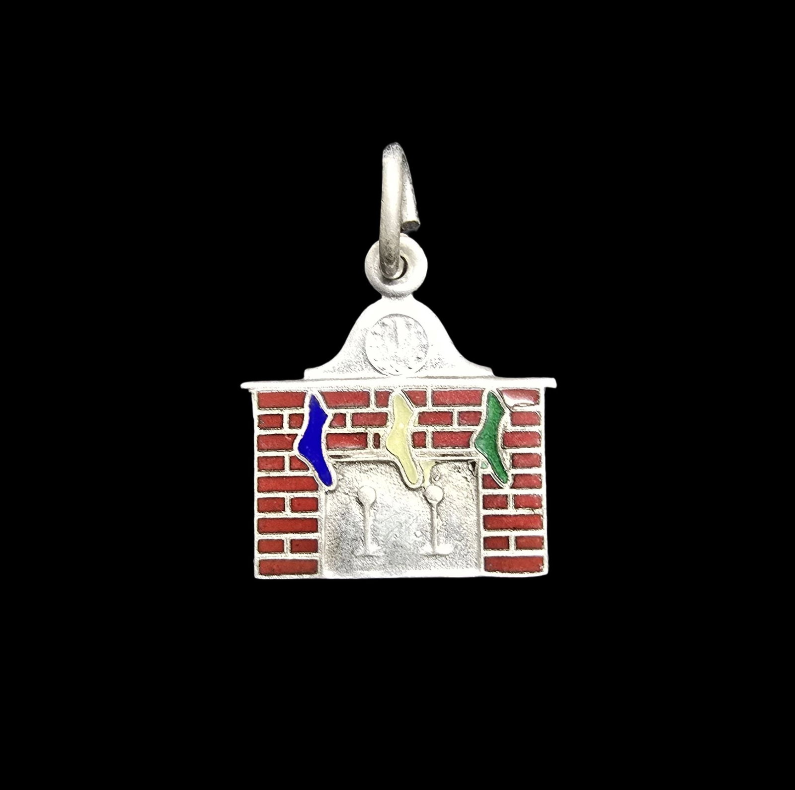 Whimsical Vintage Sterling Silver & Multi Color Enamel Christmas Fireplace Pendant Charm: Very good vintage condition with minor patina according to age. Measures approx. 1" wide and weighs ca. 1.5 grams. Marked for Sterling Silver.