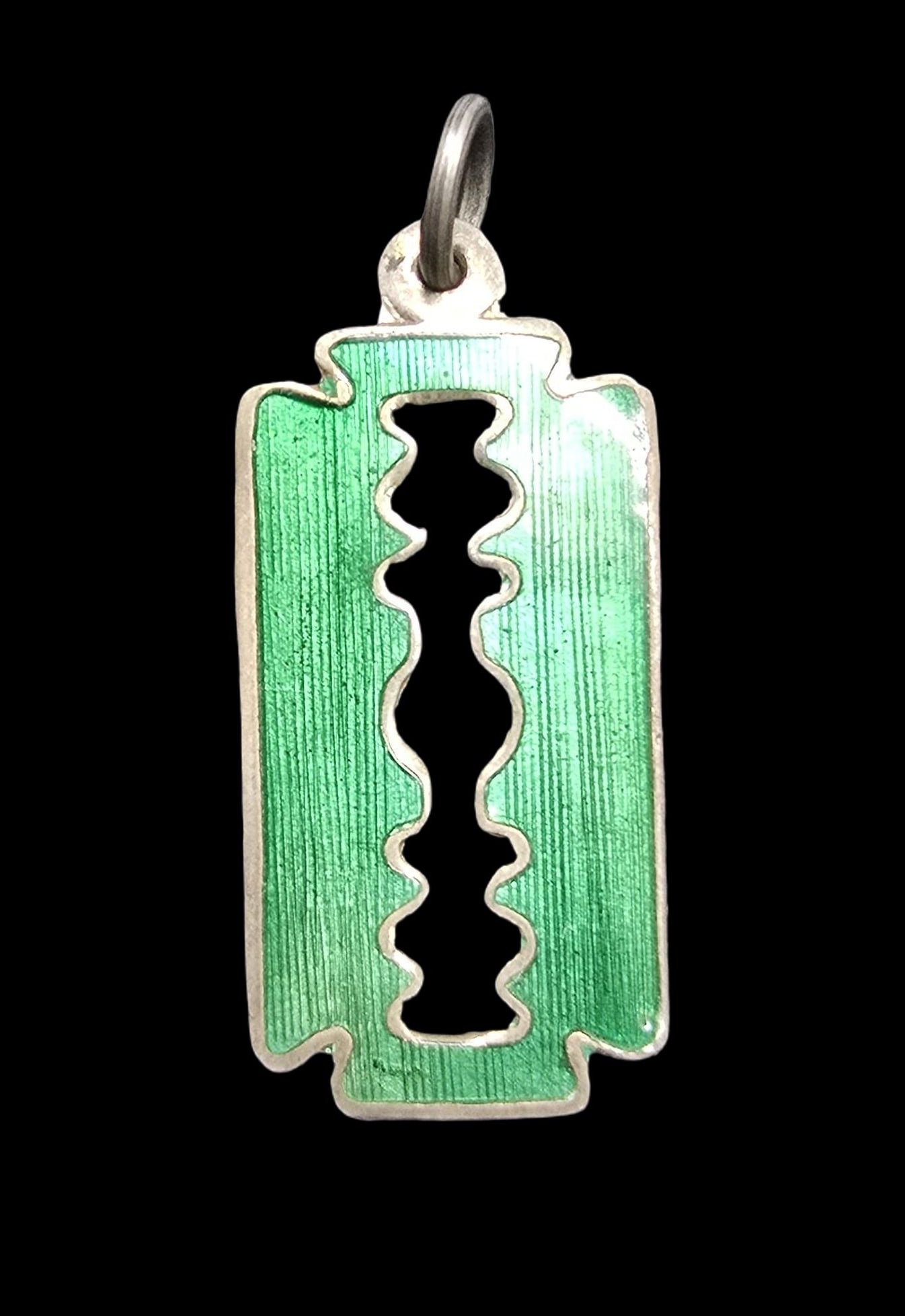 Rare Vintage Mid-Century Mexico Sterling Silver & Green Eanamel Designer Razor Pendant: Very good vintage condition with minor patina according to age. Measures approx. 1 1/2" long and 1/2" wide and weighs ca. 1.5 grams. Marked for Sterling Silver & Designer.