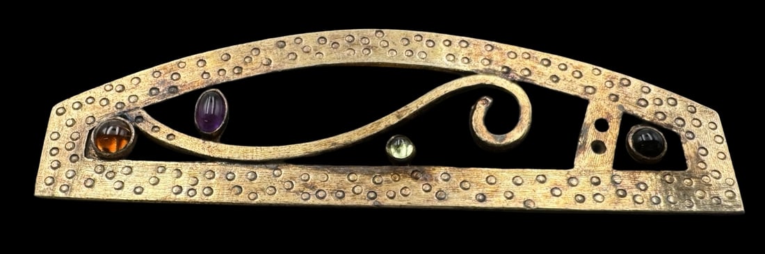 Ornate Vintage Gilt Sterling Silver & Multi-Color Gemstone Brooch: Very good vintage condition with minor patina according to age. Measures approx. 3 1/4" long x 1" wide and weighs ca. 23.6 grams. Marked for Sterling Silver..
