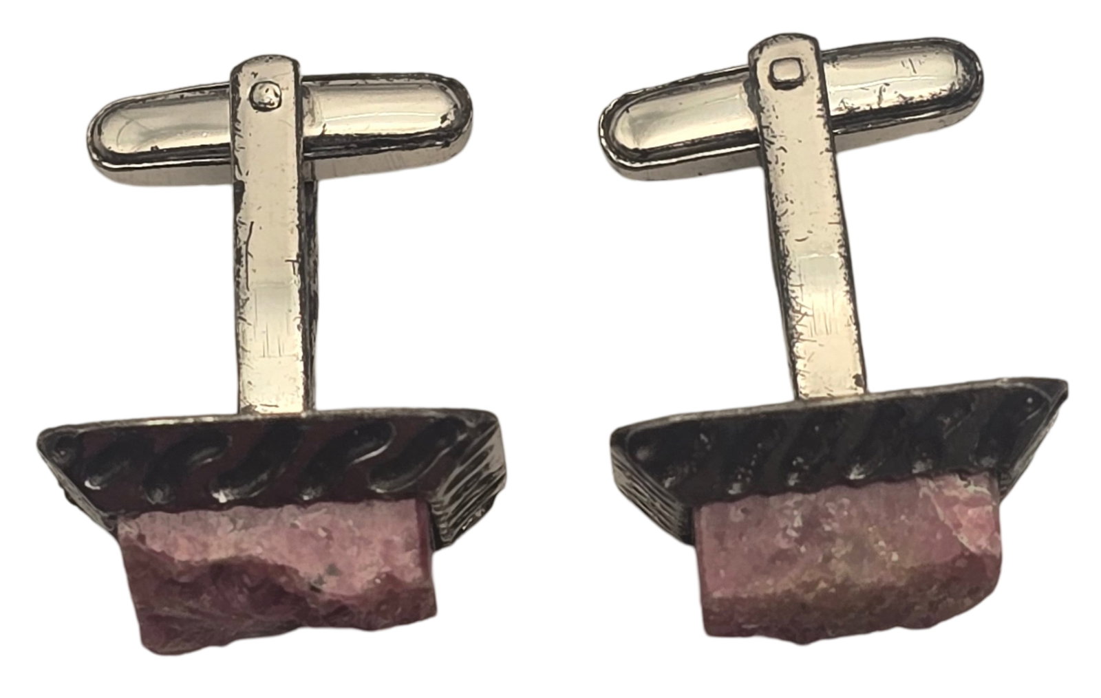 Vintage Mid-Century Modern Sterling Silver & Rhodochrosite Cufflinks: Each measures approx. 1" long x 1/2" wide and weighs ca. 10.1 grams. Very good vintage condition with minor wear and patina according to age. Tested for Sterling Silver.