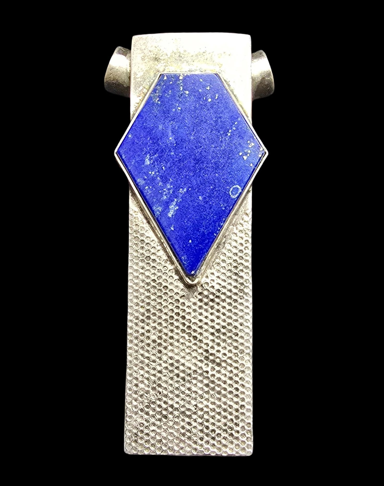 Gorgeous Ornate Vintage Mid-Century Sterling Silver & Blue Gemstone Designer Pendant: Very good vintage condition with minor patina according to age. Measures approx. 1/2" wide and weighs ca. 14 grams. Marked for Sterling Silver and carrying an unidentified designer mark.
